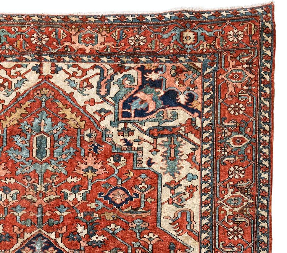 Hand-Knotted Antique Persian Red Ivory and Blue Serapi Rug, circa 1920-1930 For Sale