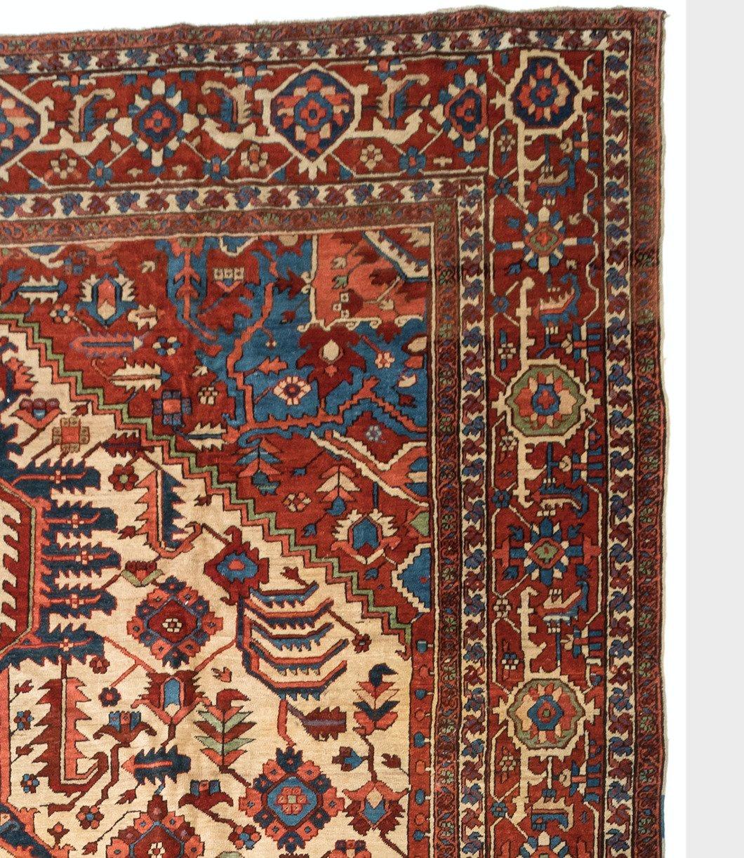 Hand-Knotted Antique Oversize Persian Red Ivory Navy Serapi Rug, c. 1875-1880