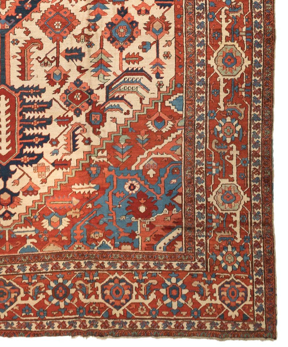 Antique Oversize Persian Red Ivory Navy Serapi Rug, c. 1875-1880 In Good Condition In New York, NY