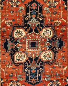 Antique Rust Ivory and Navy Blue Persian Serapi Area Rug, circa 1880-1900