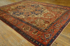 1890s Red Blue Ivory Antique Persian Serapi Rug 9'7"x13'4" Geometric Wool Carpet