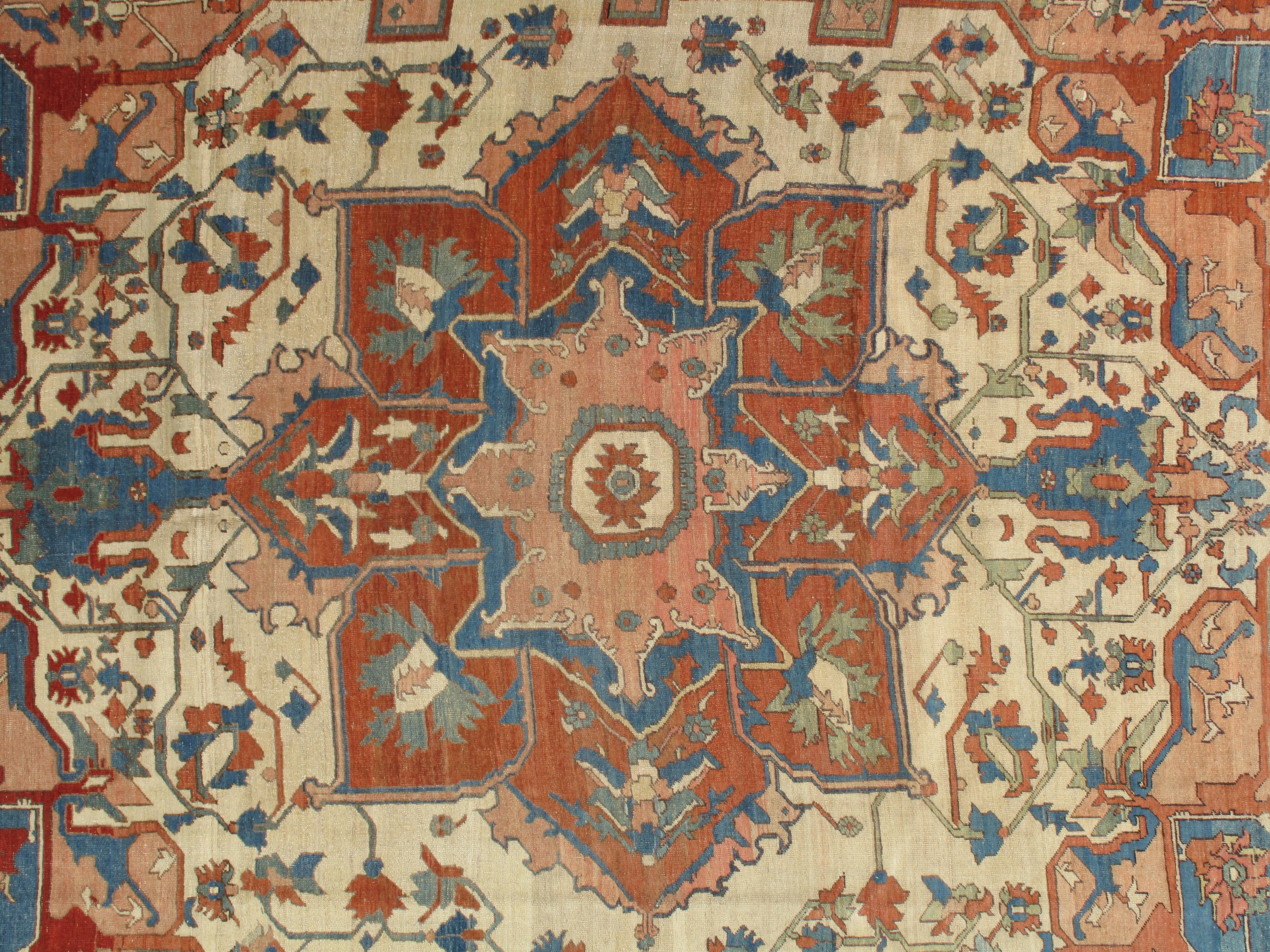 Antique Serapi carpets are one of the most sought after rugs particularly in America and England for many years. Antique Serapi rugs are a major draw particularly in big city America. Serapi carpets were woven on the level of small workshop with