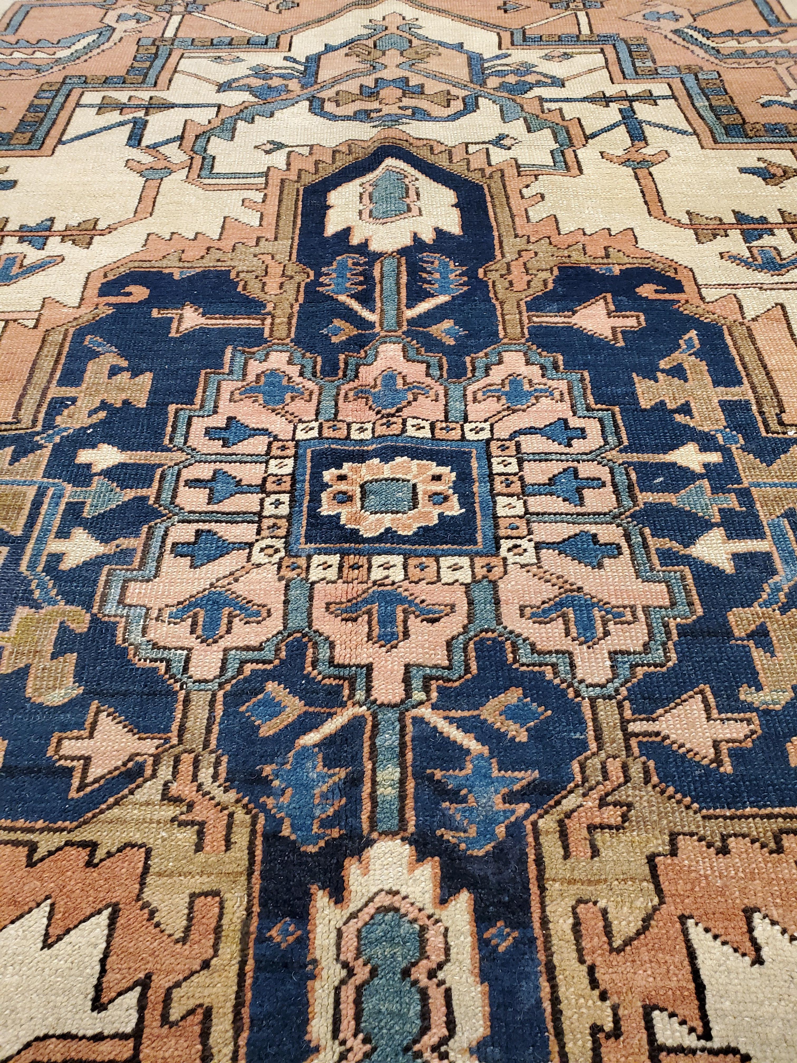 Antique Persian Serapi Carpet, Geometric, Ivory Hand Knotted Wool Oriental Rug In Good Condition In Port Washington, NY