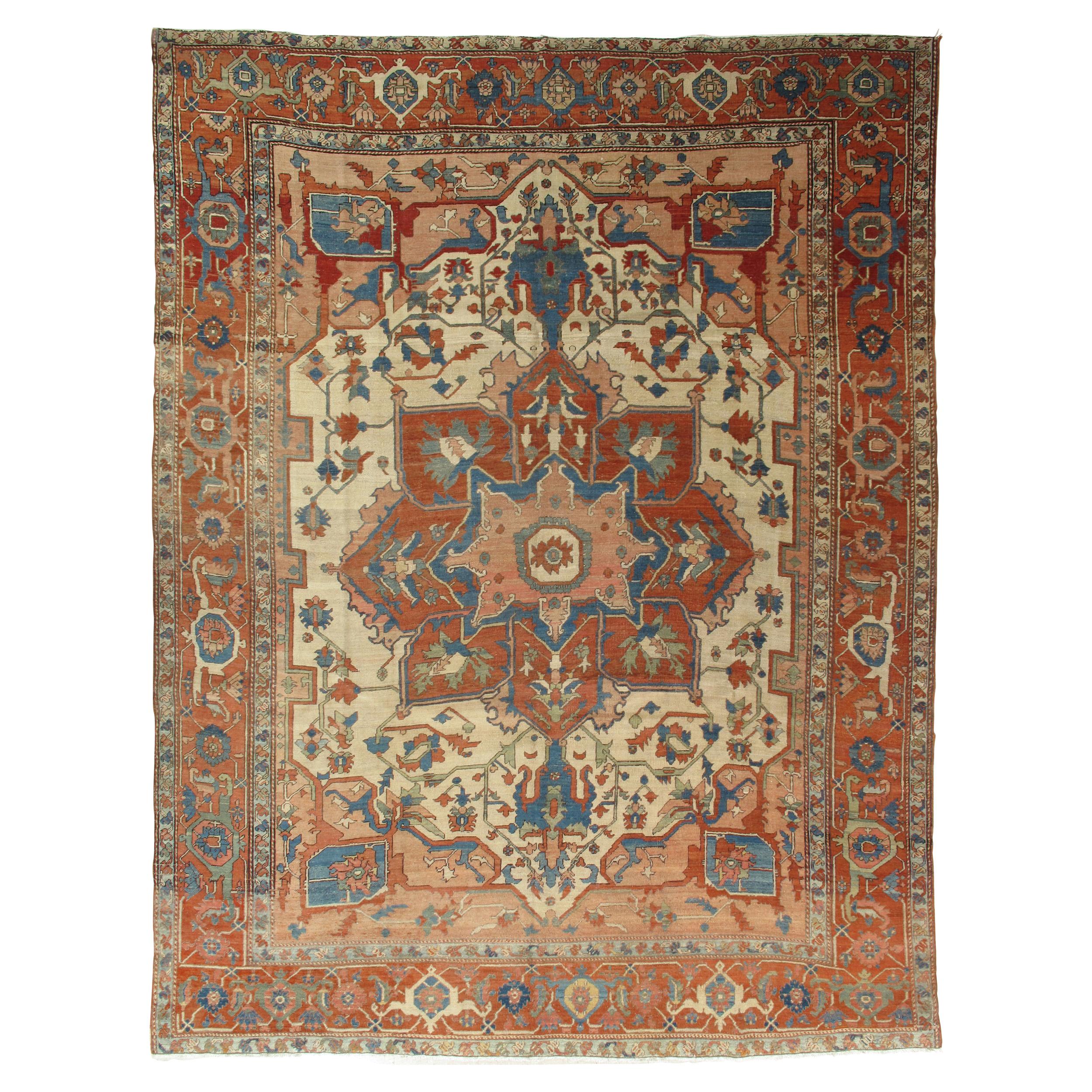 Antiker persischer Serapi-Teppich, geometrisch, elfenbeinfarbener handgeknüpfter orientalischer Wollteppich