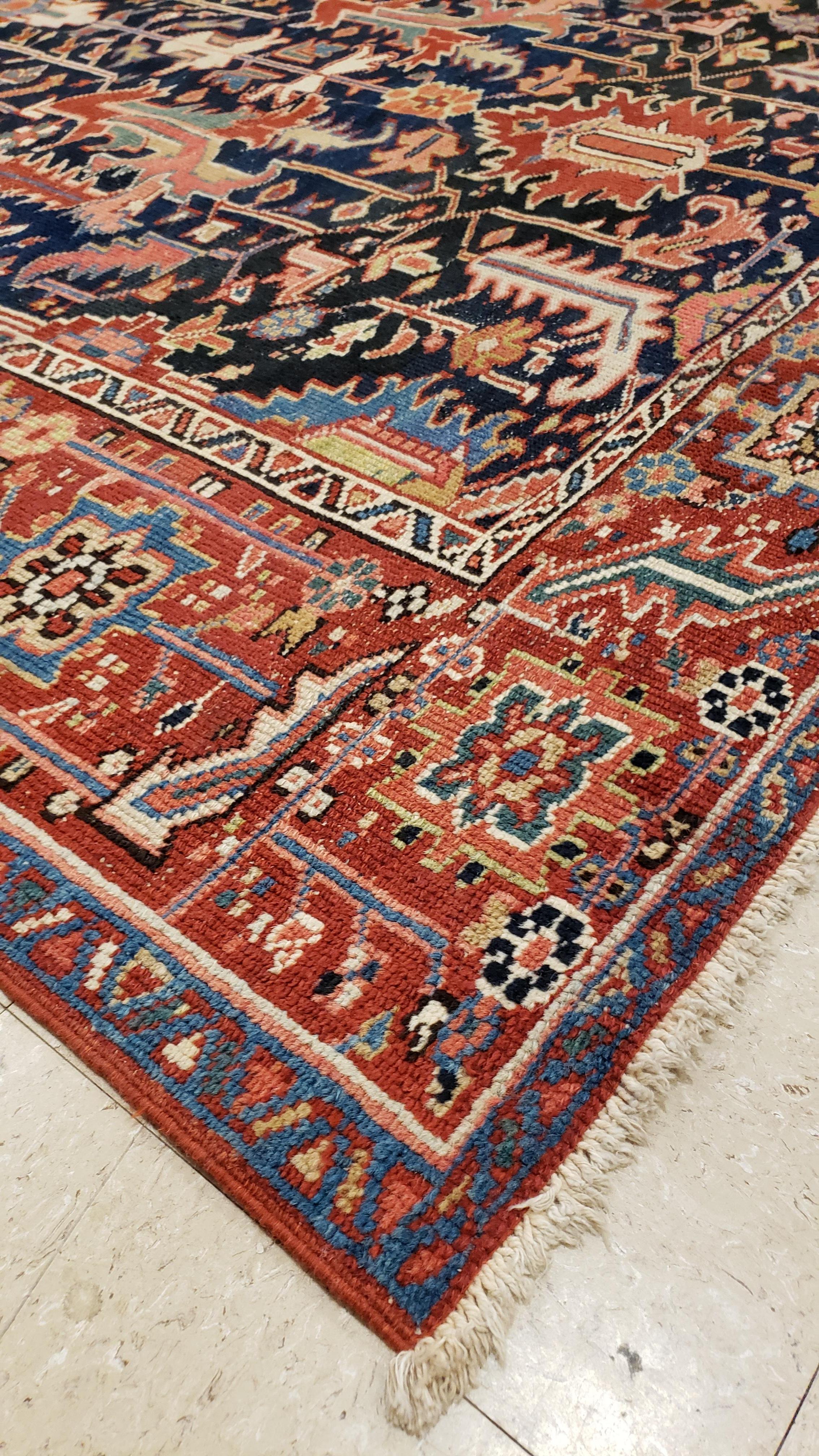 Hand-Knotted Antique Persian Serapi Carpet, Geometric, Navy Hand Knotted Wool Oriental Rug