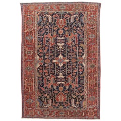 Antique Persian Serapi Carpet, Geometric, Navy Hand Knotted Wool Oriental Rug