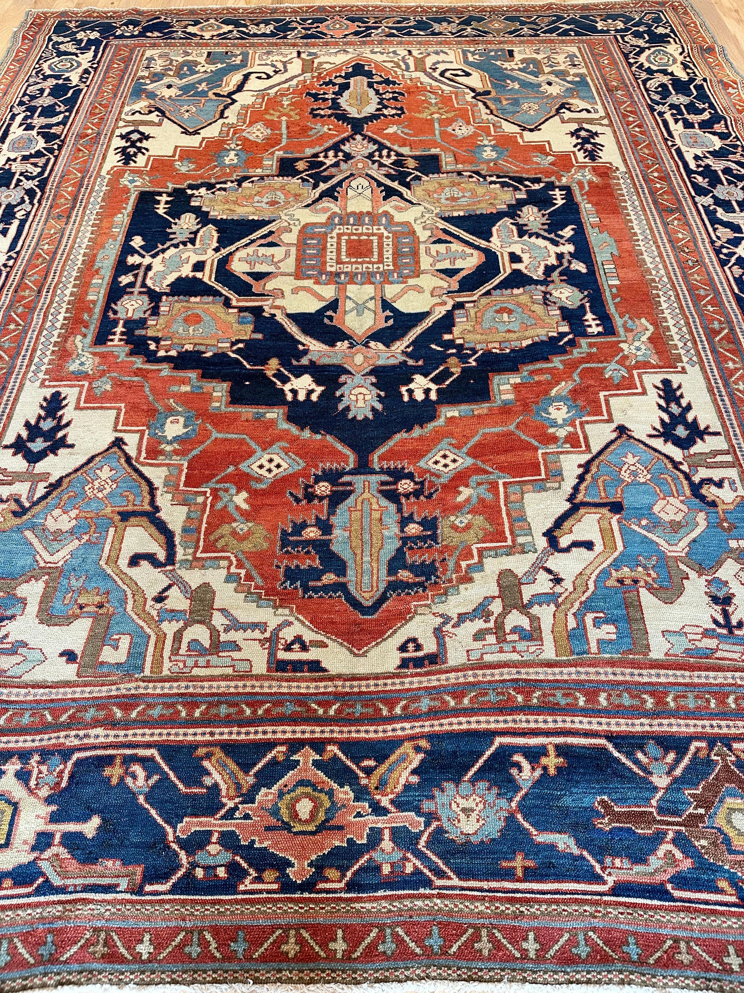 Antiker persischer Serapi-Teppich, handgefertigter orientalischer Teppich, Hellblau, Elfenbein, Rostrot im Angebot 6
