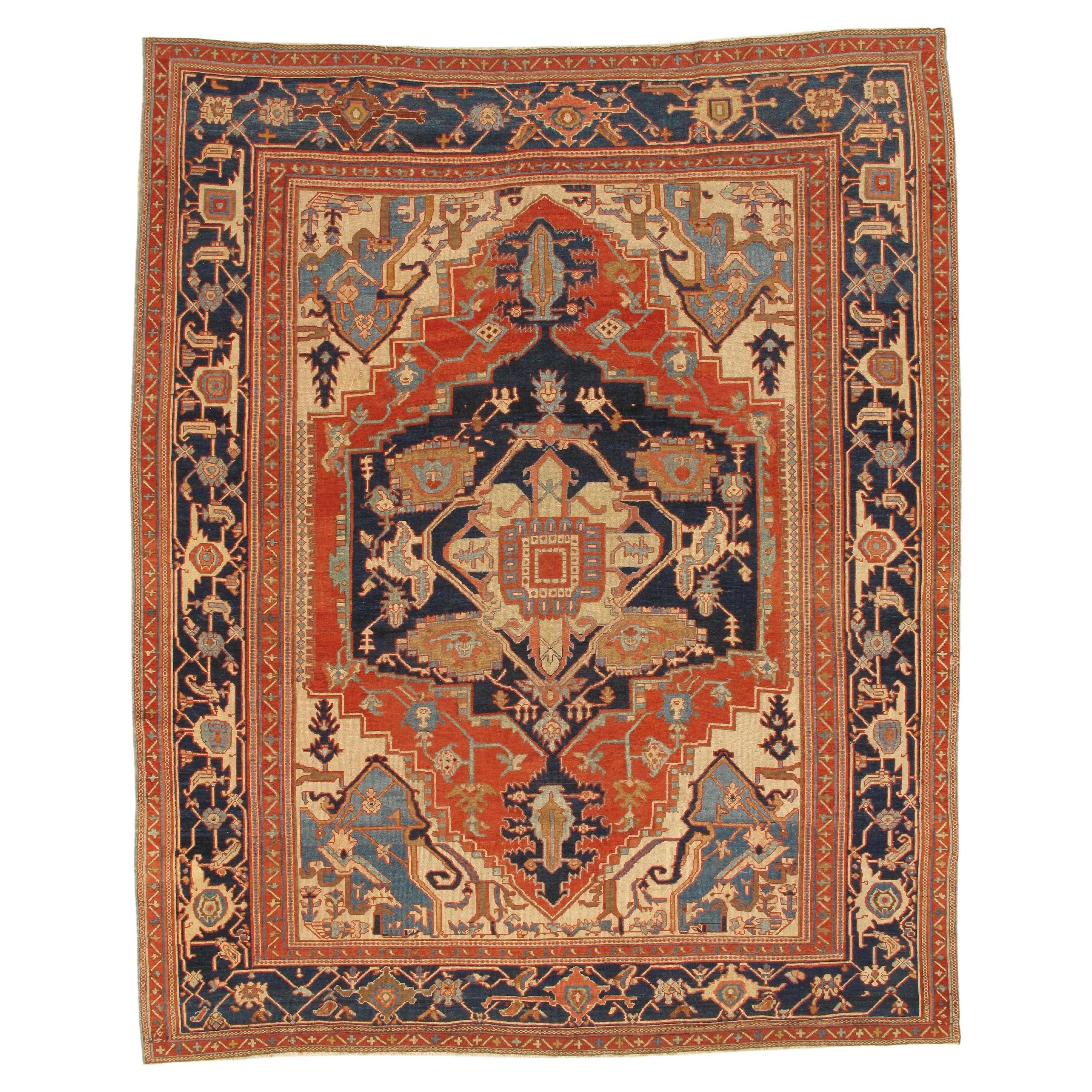 Antiker persischer Serapi-Teppich, handgefertigter orientalischer Teppich, Hellblau, Elfenbein, Rostrot im Angebot