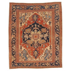 Antique Persian Serapi Carpet Handmade Oriental Rug Light Blue, Ivory, Rusty Red