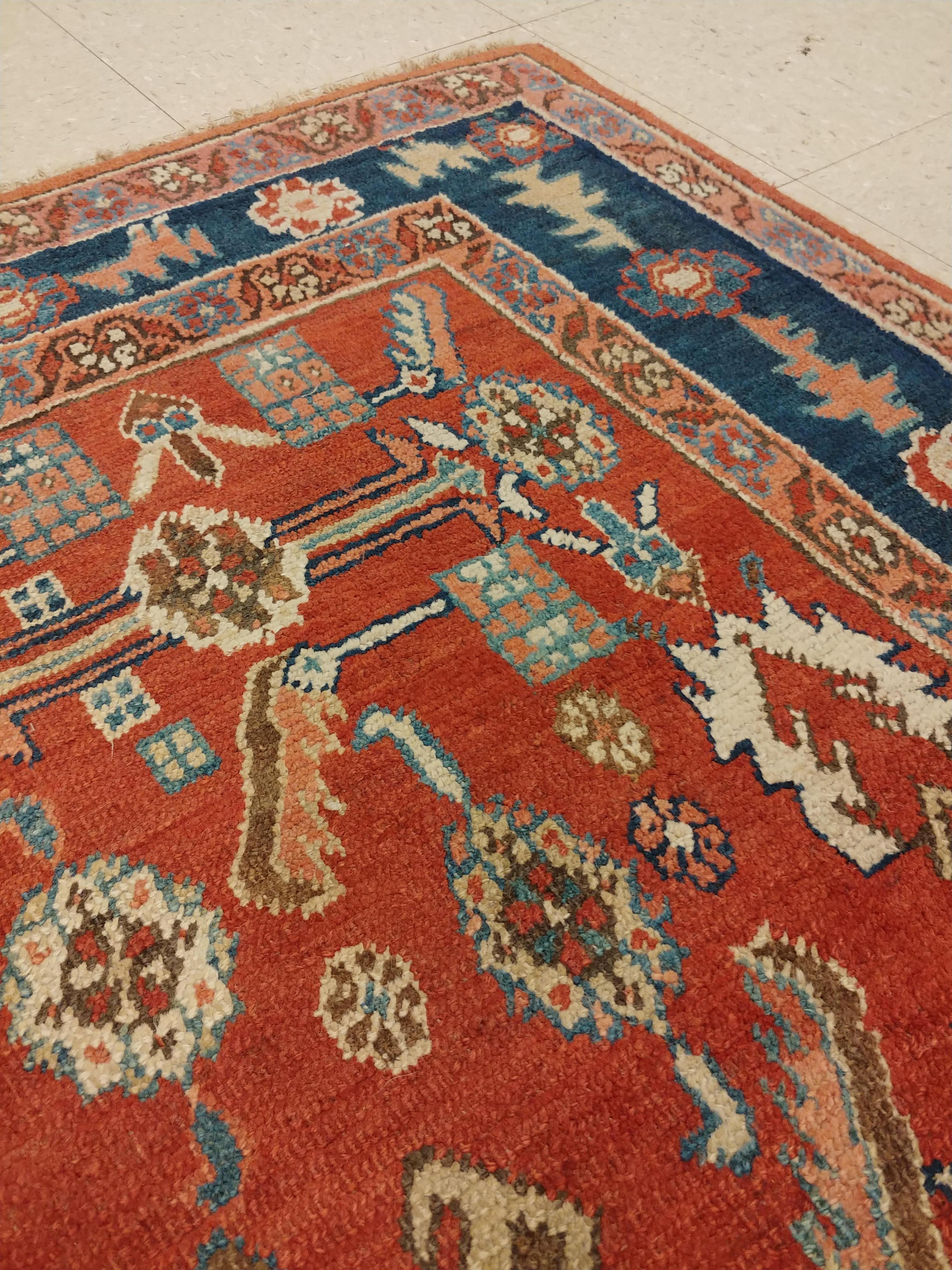 Hand-Knotted Antique Persian Serapi Carpet, Handmade Oriental Rug, Rust-Ivory Blue