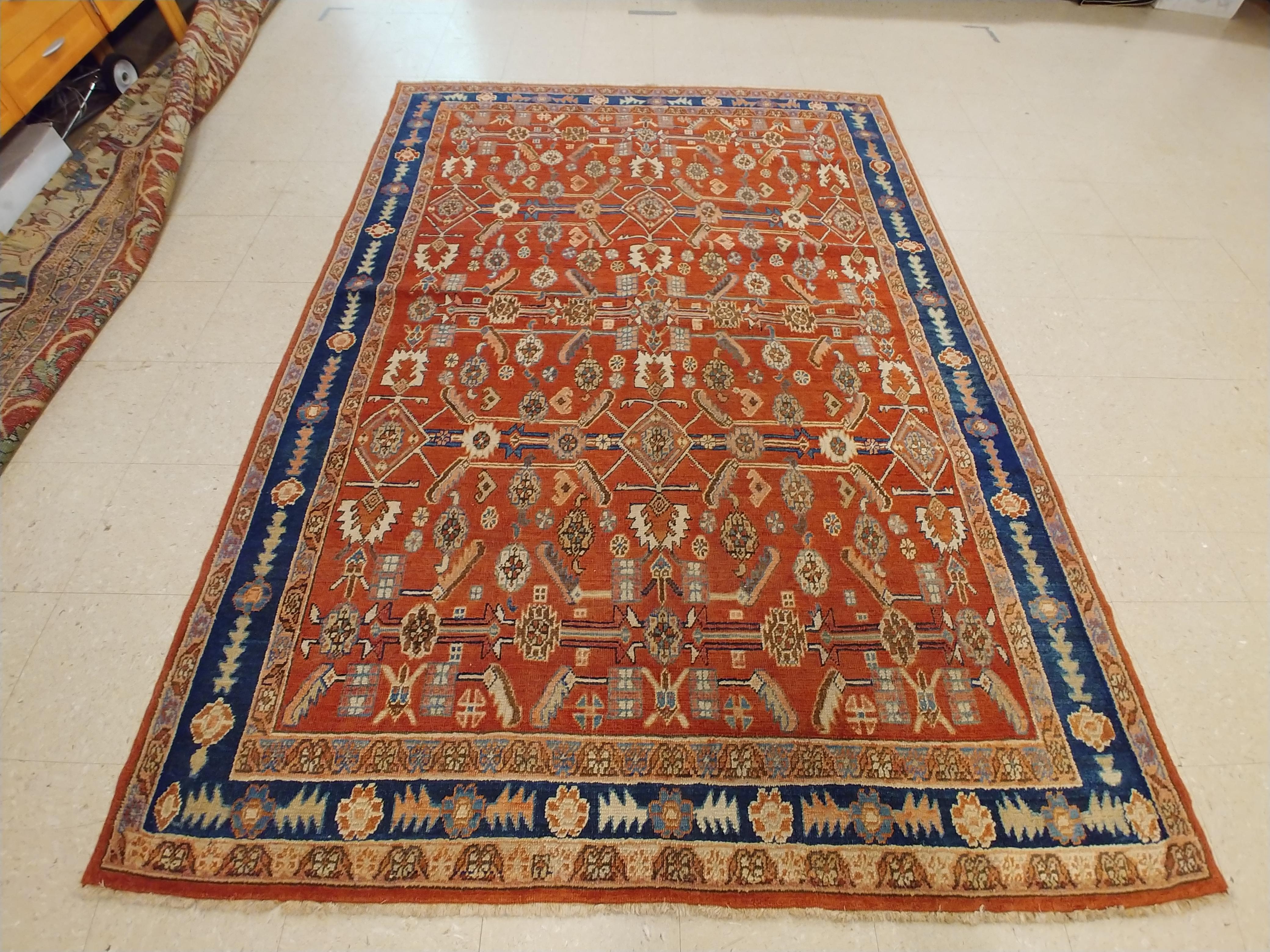 Antique Persian Serapi Carpet, Handmade Oriental Rug, Rust-Ivory Blue 2
