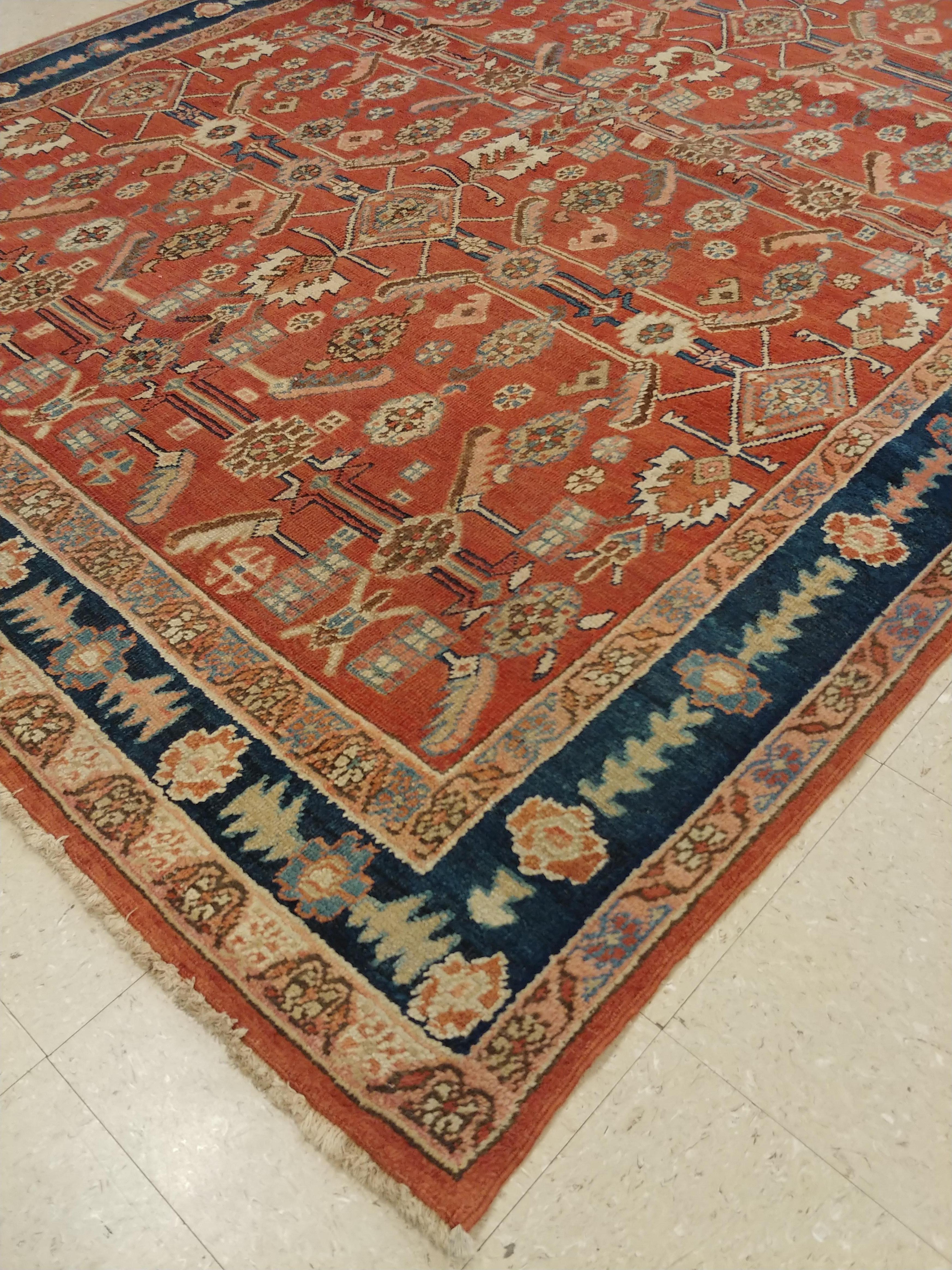 19th Century Antique Persian Serapi Carpet, Handmade Oriental Rug, Rust-Ivory Blue