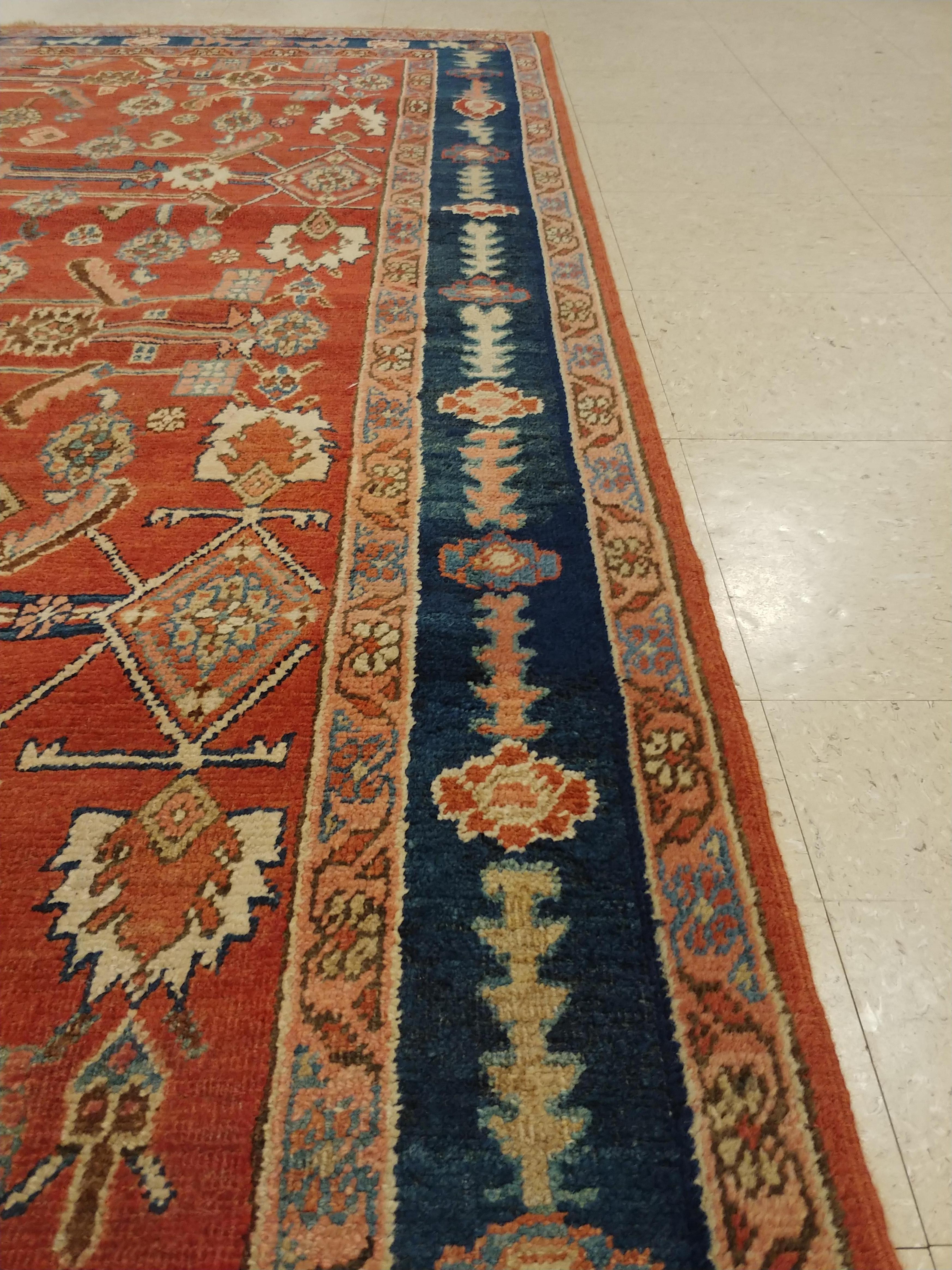 Wool Antique Persian Serapi Carpet, Handmade Oriental Rug, Rust-Ivory Blue