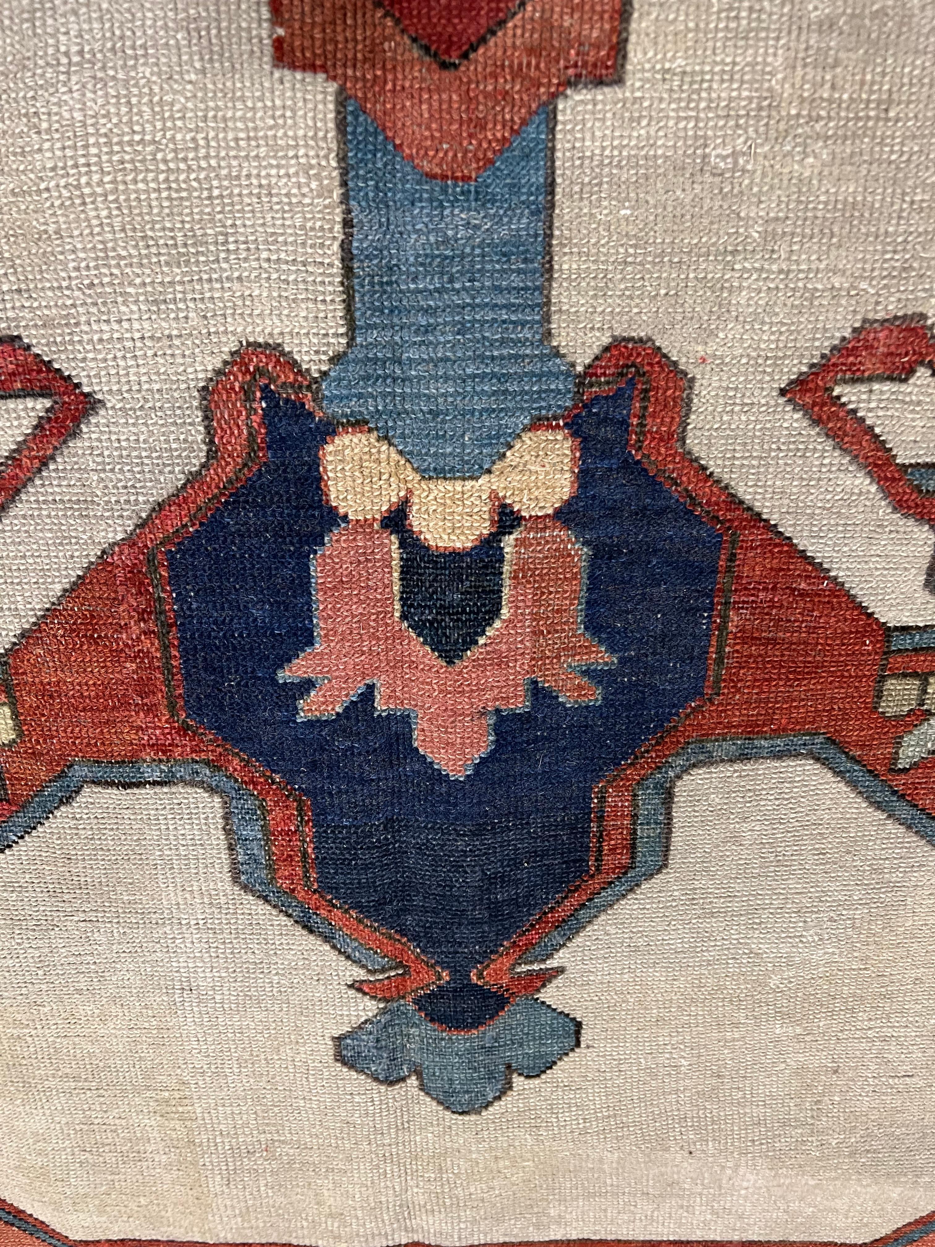 Antique Persian Serapi Carpet, Handmade, Oriental Rug, Rust, Ivory, Light Blue For Sale 4