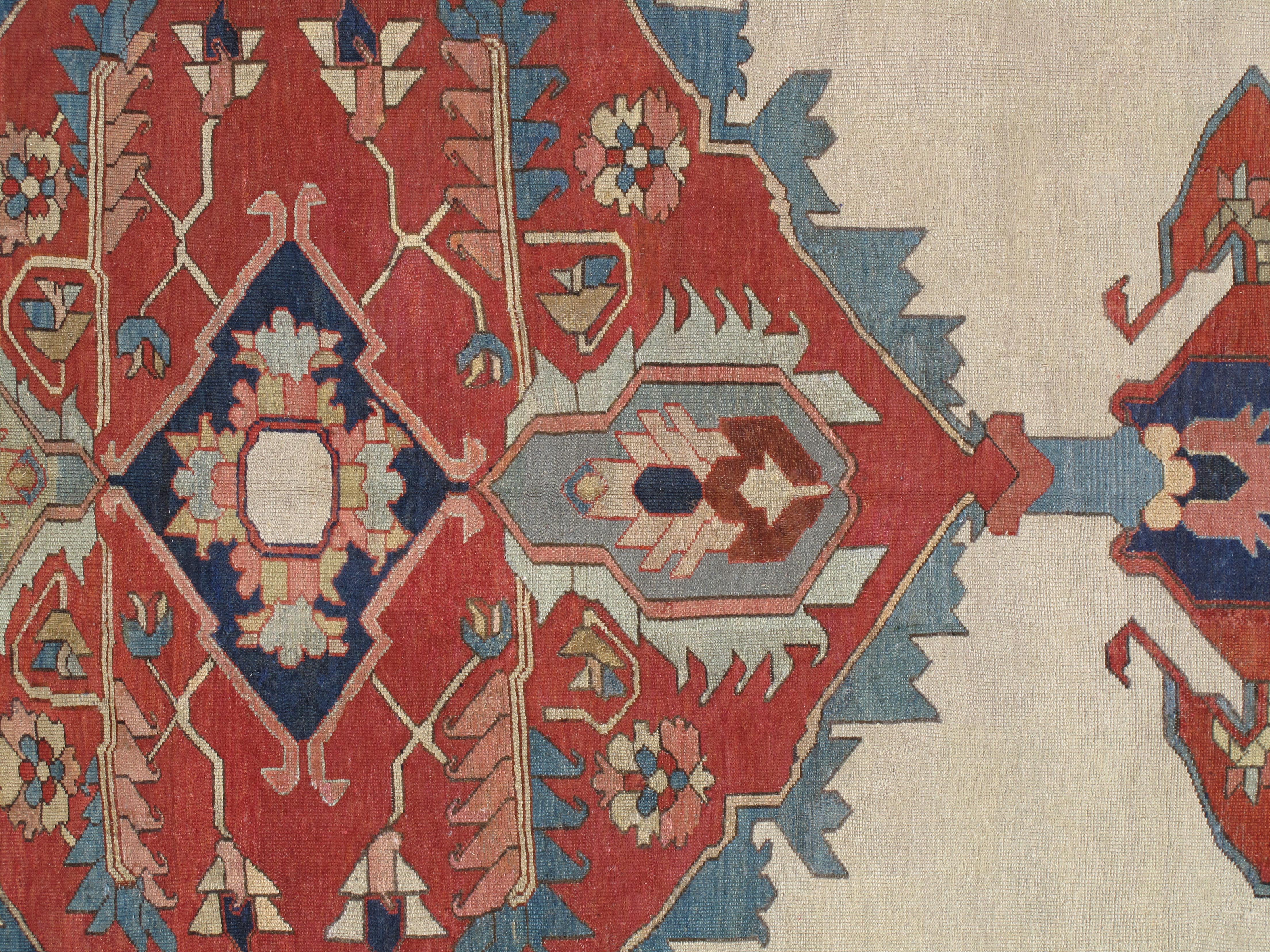 Hand-Woven Antique Persian Serapi Carpet, Handmade, Oriental Rug, Rust, Ivory, Light Blue For Sale