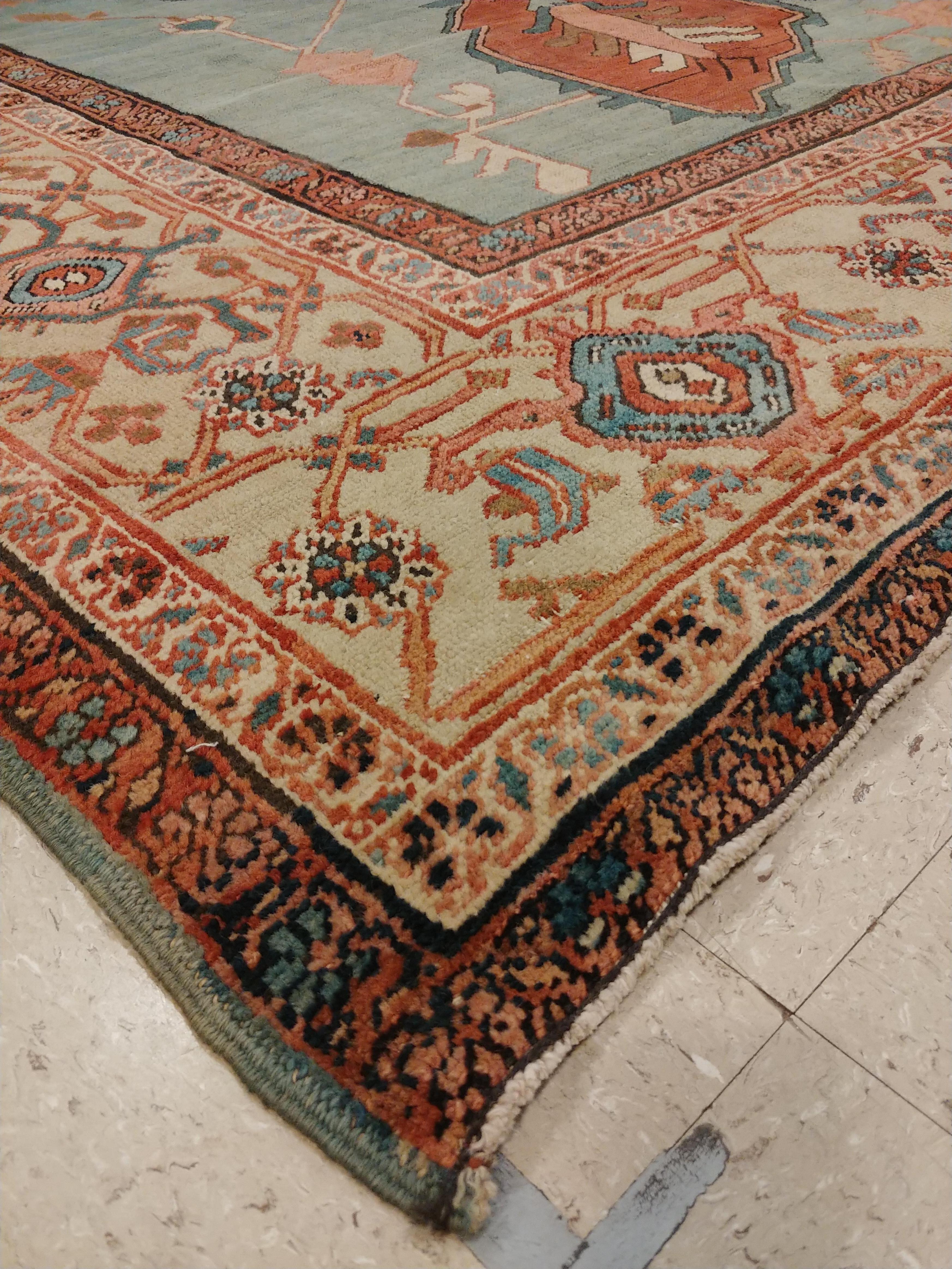 Hand-Knotted Antique Persian Serapi Carpet, Handmade, Oriental Rug, Rust, Ivory, Light Blue For Sale