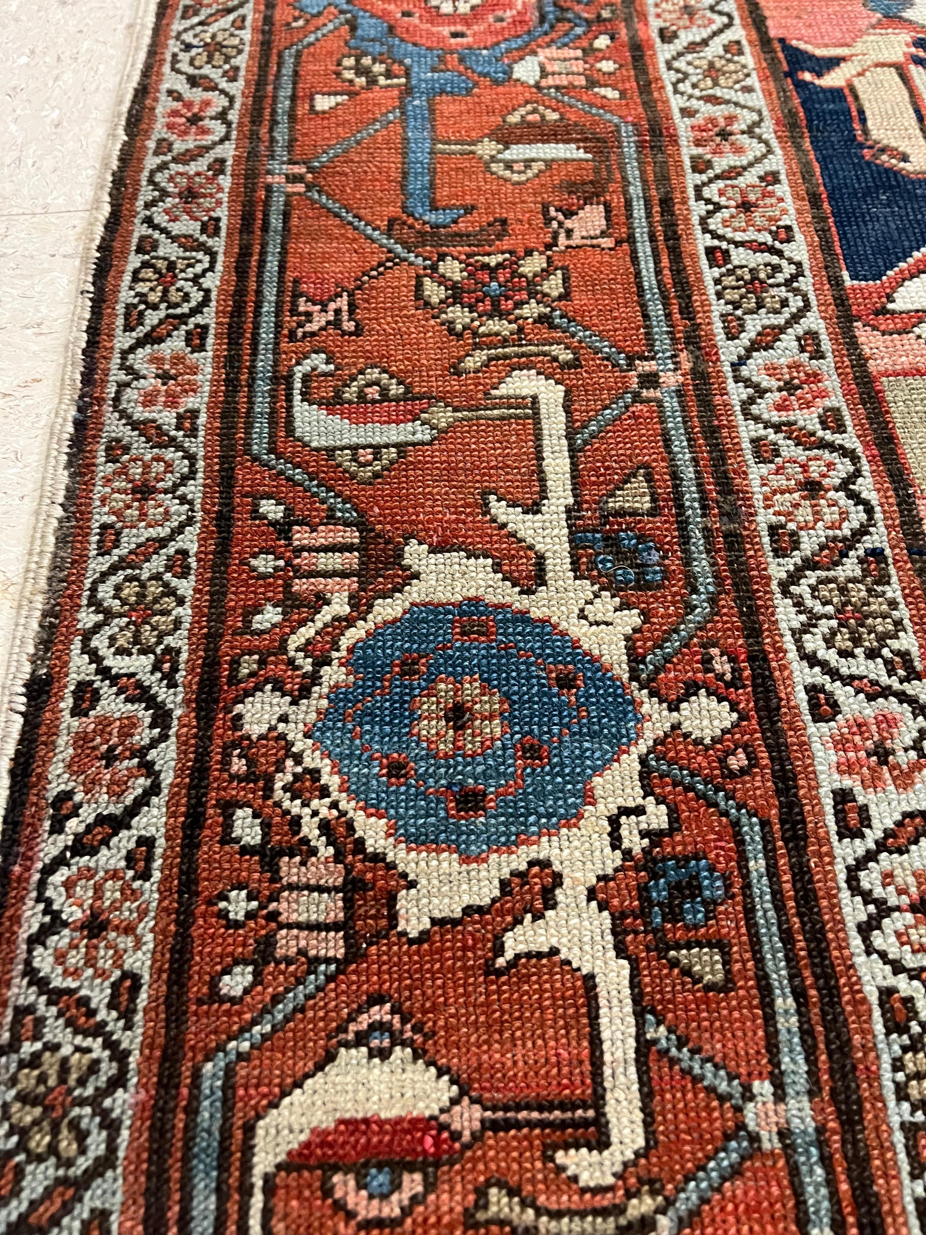 19th Century Antique Persian Serapi Carpet, Handmade, Oriental Rug, Rust, Ivory, Light Blue For Sale
