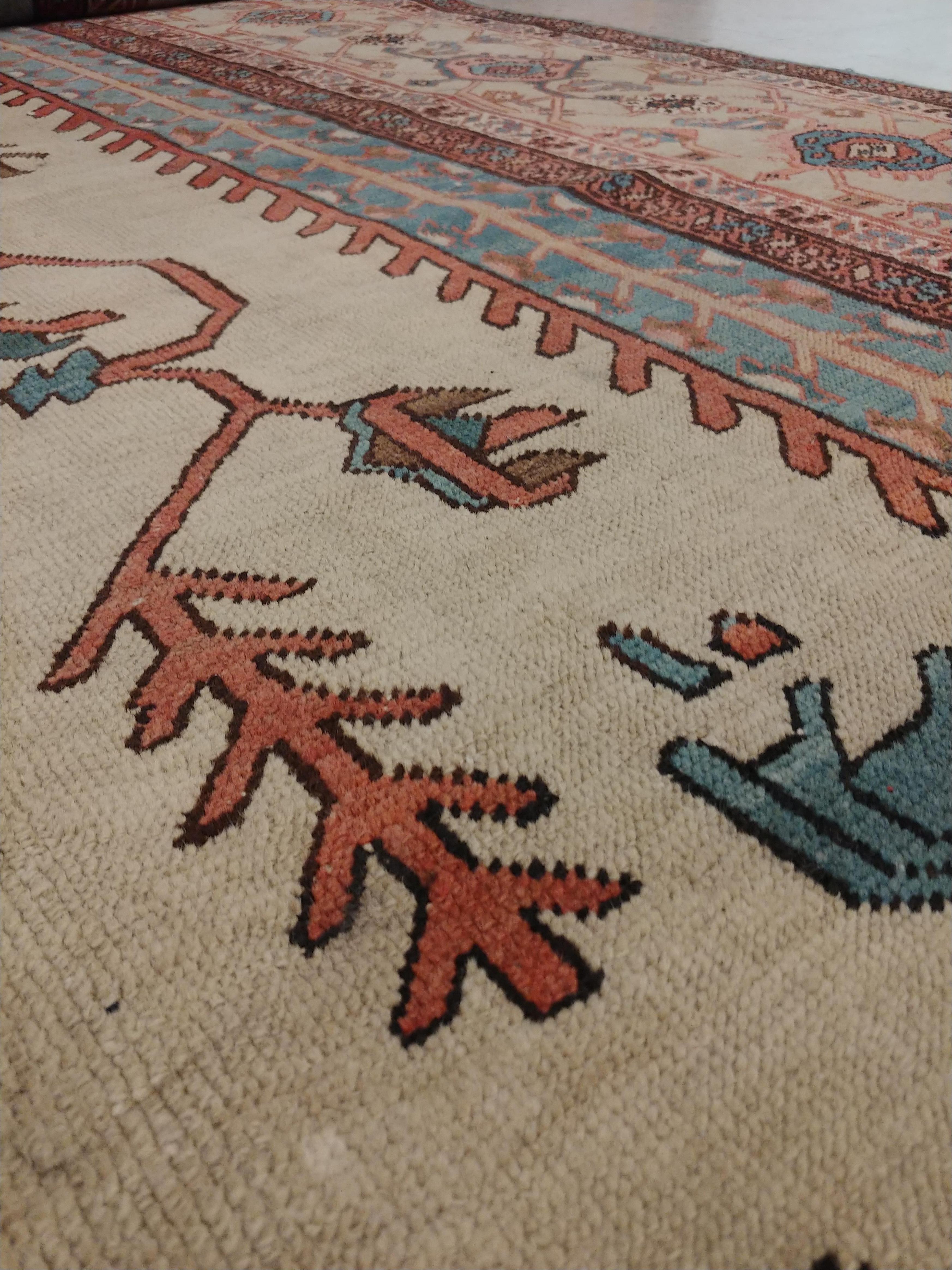 19th Century Antique Persian Serapi Carpet, Handmade, Oriental Rug, Rust, Ivory, Light Blue For Sale