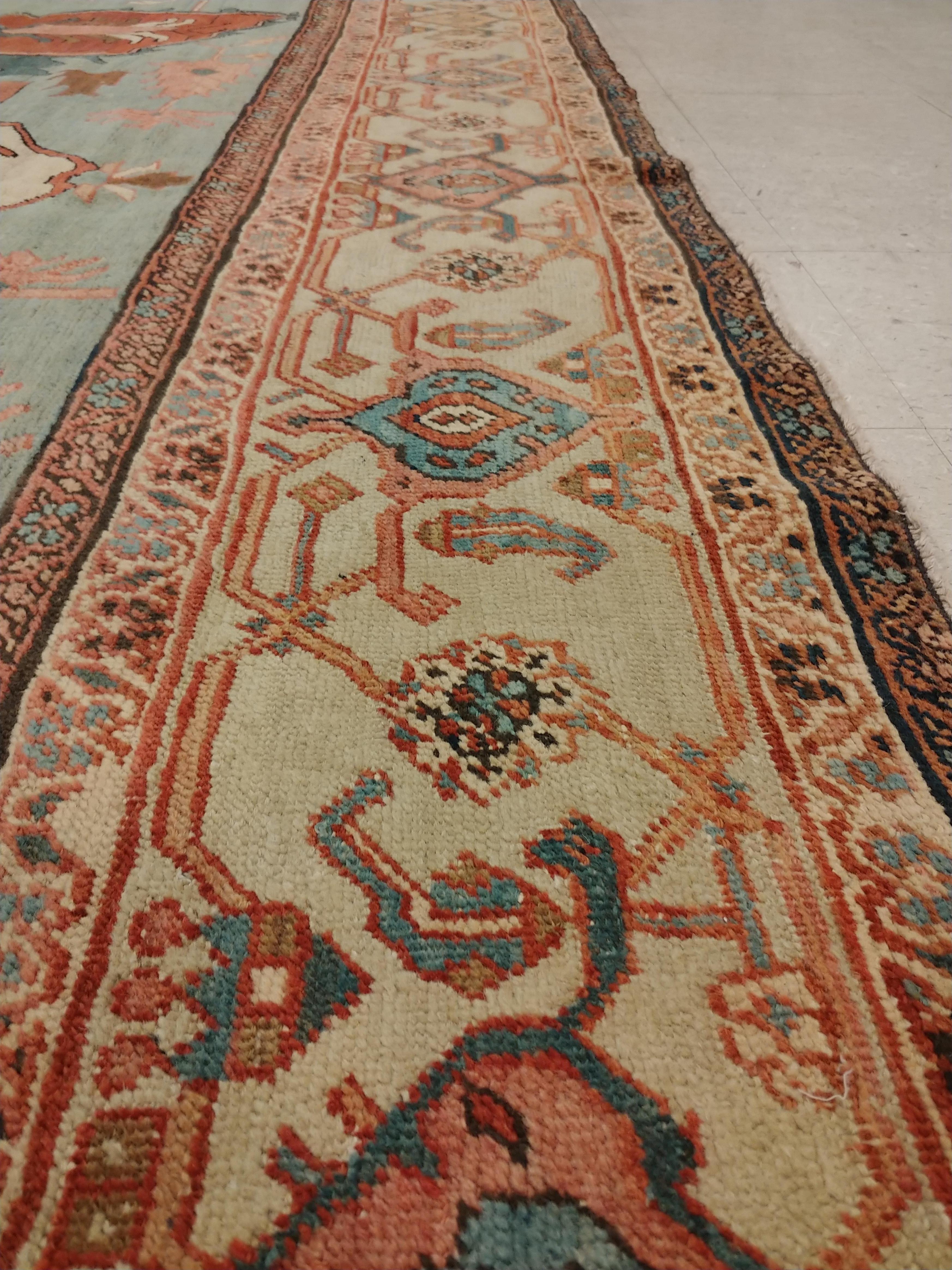 Wool Antique Persian Serapi Carpet, Handmade, Oriental Rug, Rust, Ivory, Light Blue For Sale