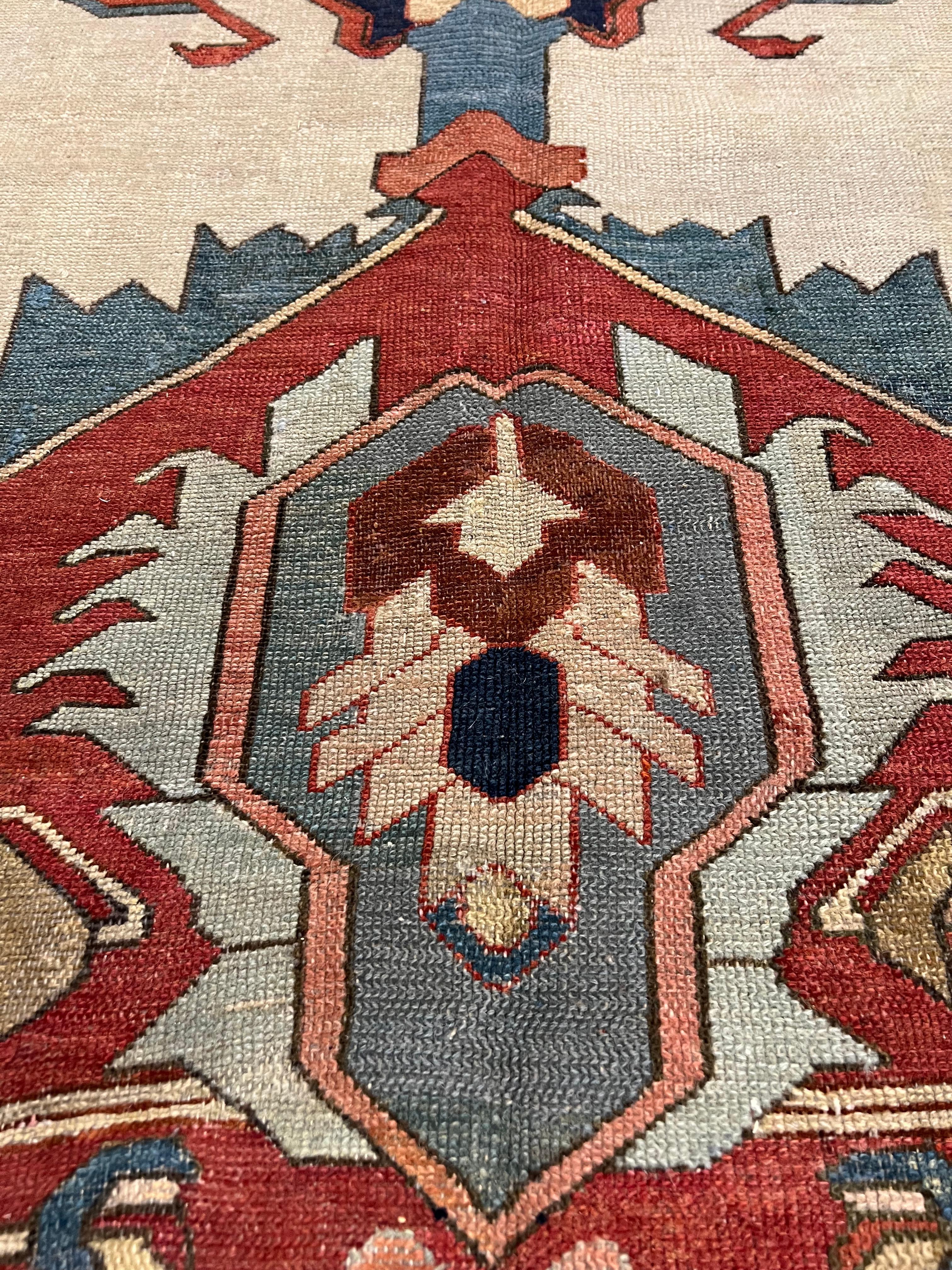 Antique Persian Serapi Carpet, Handmade, Oriental Rug, Rust, Ivory, Light Blue For Sale 1