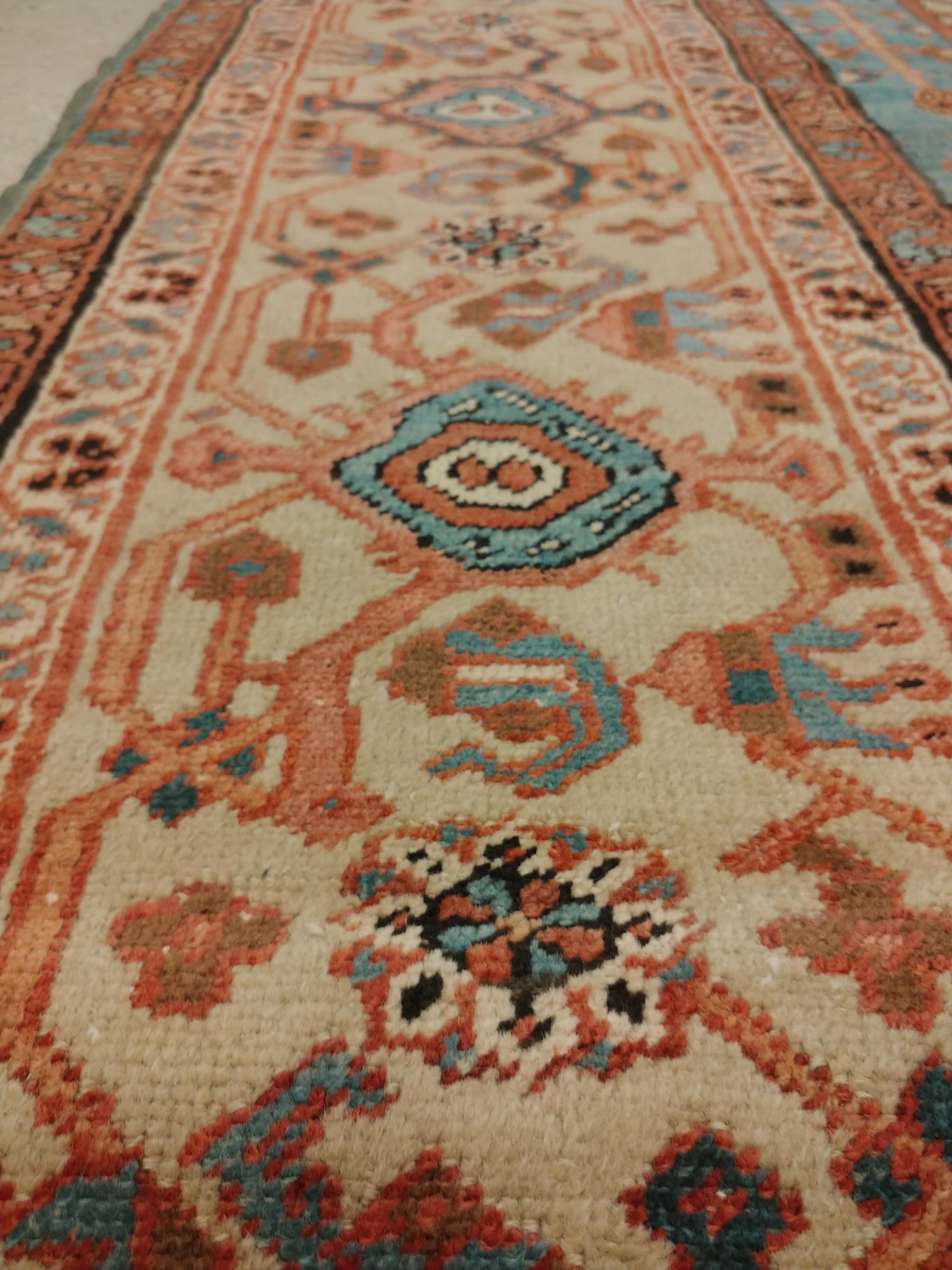 Antique Persian Serapi Carpet, Handmade, Oriental Rug, Rust, Ivory, Light Blue For Sale 2