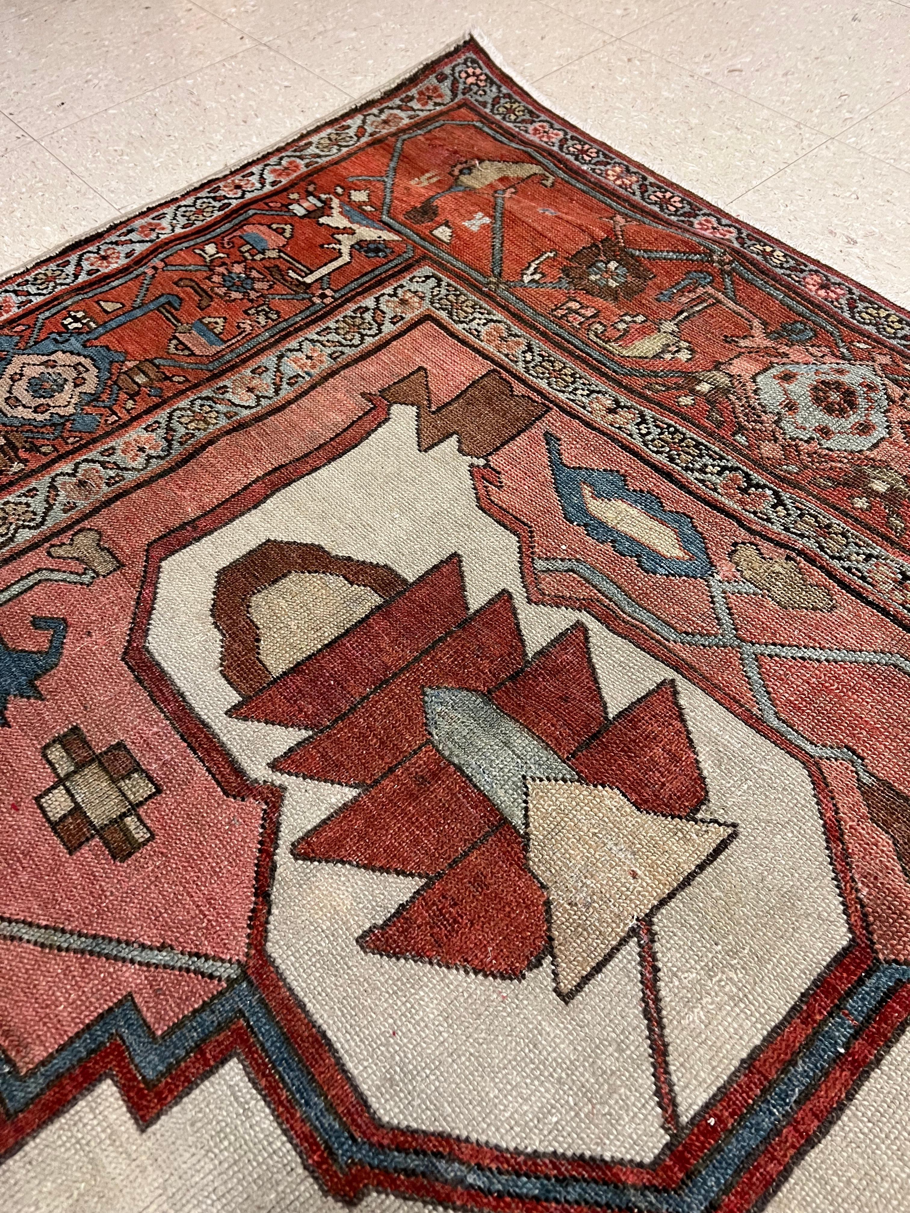 Antique Persian Serapi Carpet, Handmade, Oriental Rug, Rust, Ivory, Light Blue For Sale 3