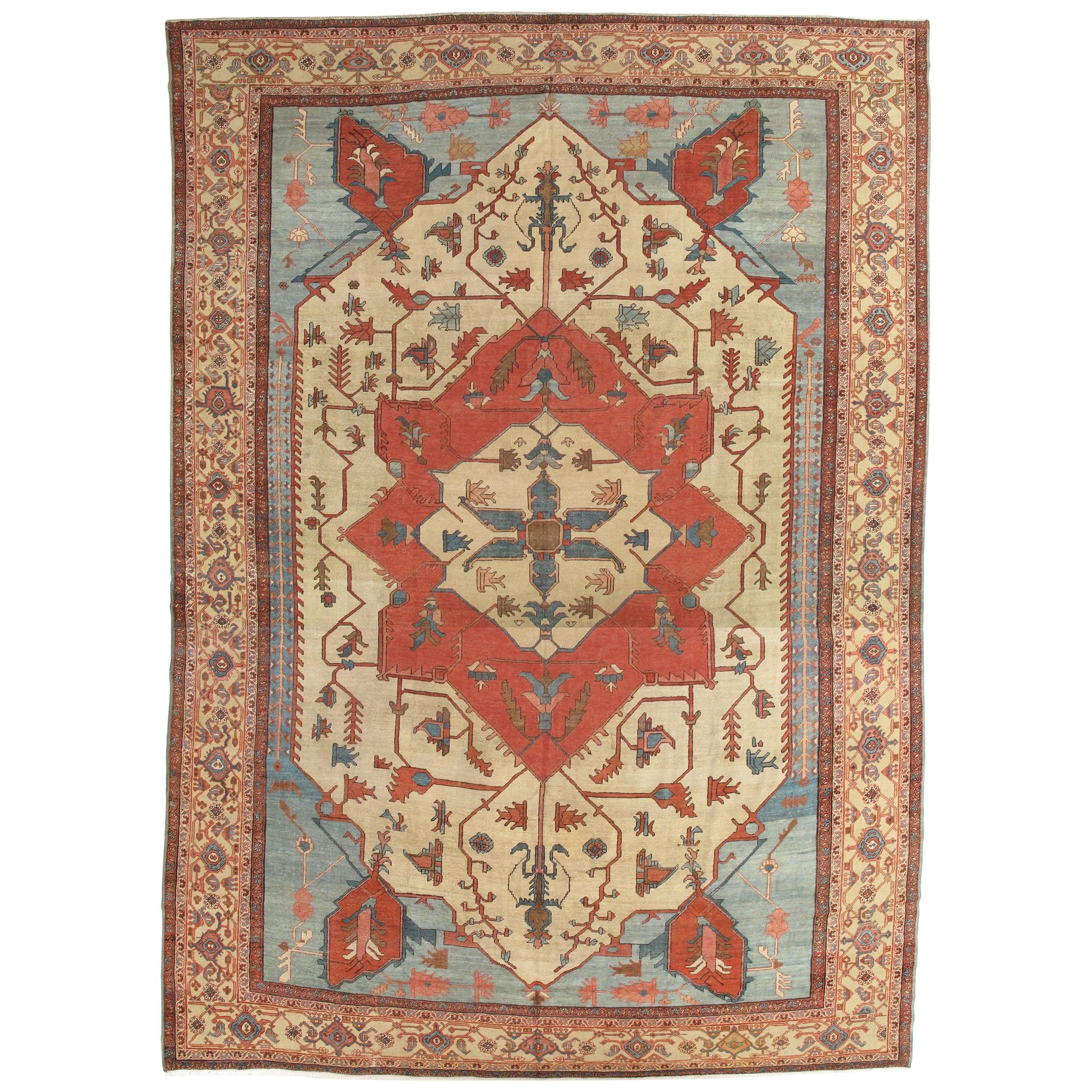 Antique Persian Serapi Carpet, Handmade, Oriental Rug, Rust, Ivory, Light Blue For Sale