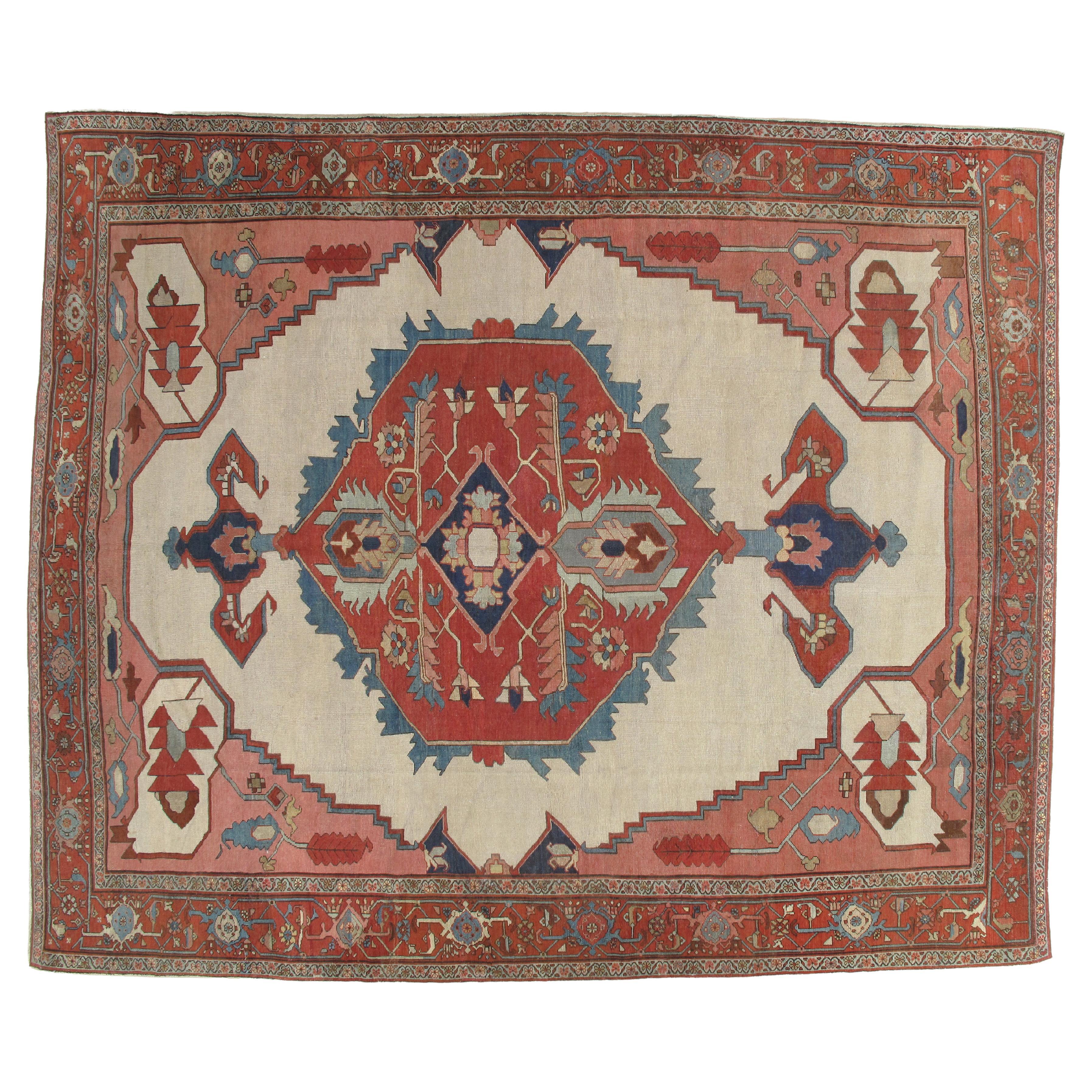 Tapis persan antique Serapi, fait à la main, tapis oriental, rouille, ivoire, bleu clair