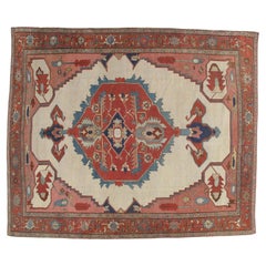 Antique Persian Serapi Carpet, Handmade, Oriental Rug, Rust, Ivory, Light Blue