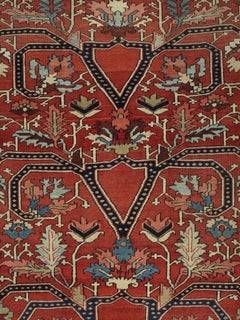 Antique Persian Serapi Carpet Handmade Oriental Rug Rusty Red, Light Blue, Ivory