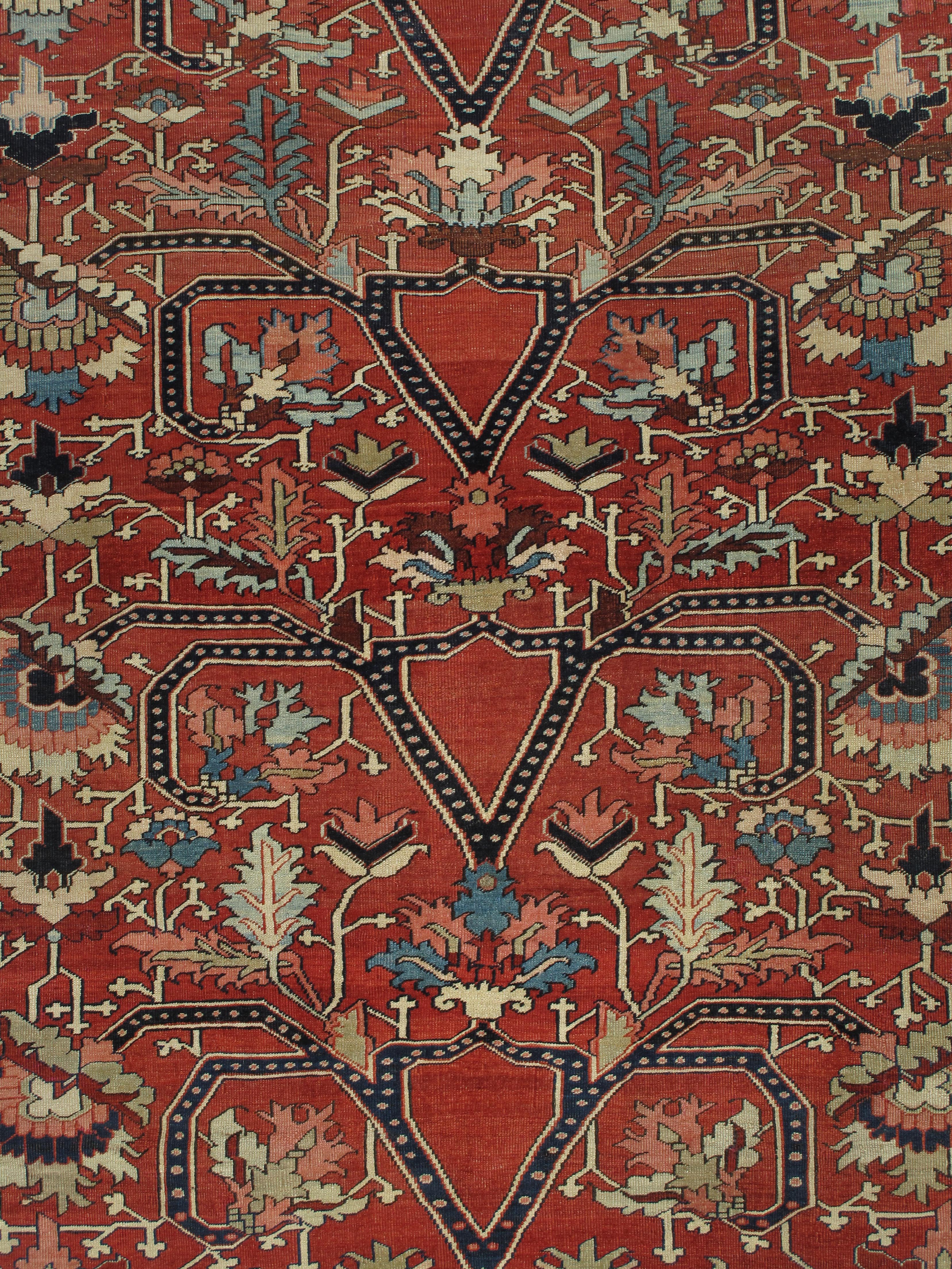 Antiker persischer Serapi-Teppich, handgefertigter orientalischer Teppich, Rostrot, Hellblau, Elfenbein (Handgeknüpft) im Angebot