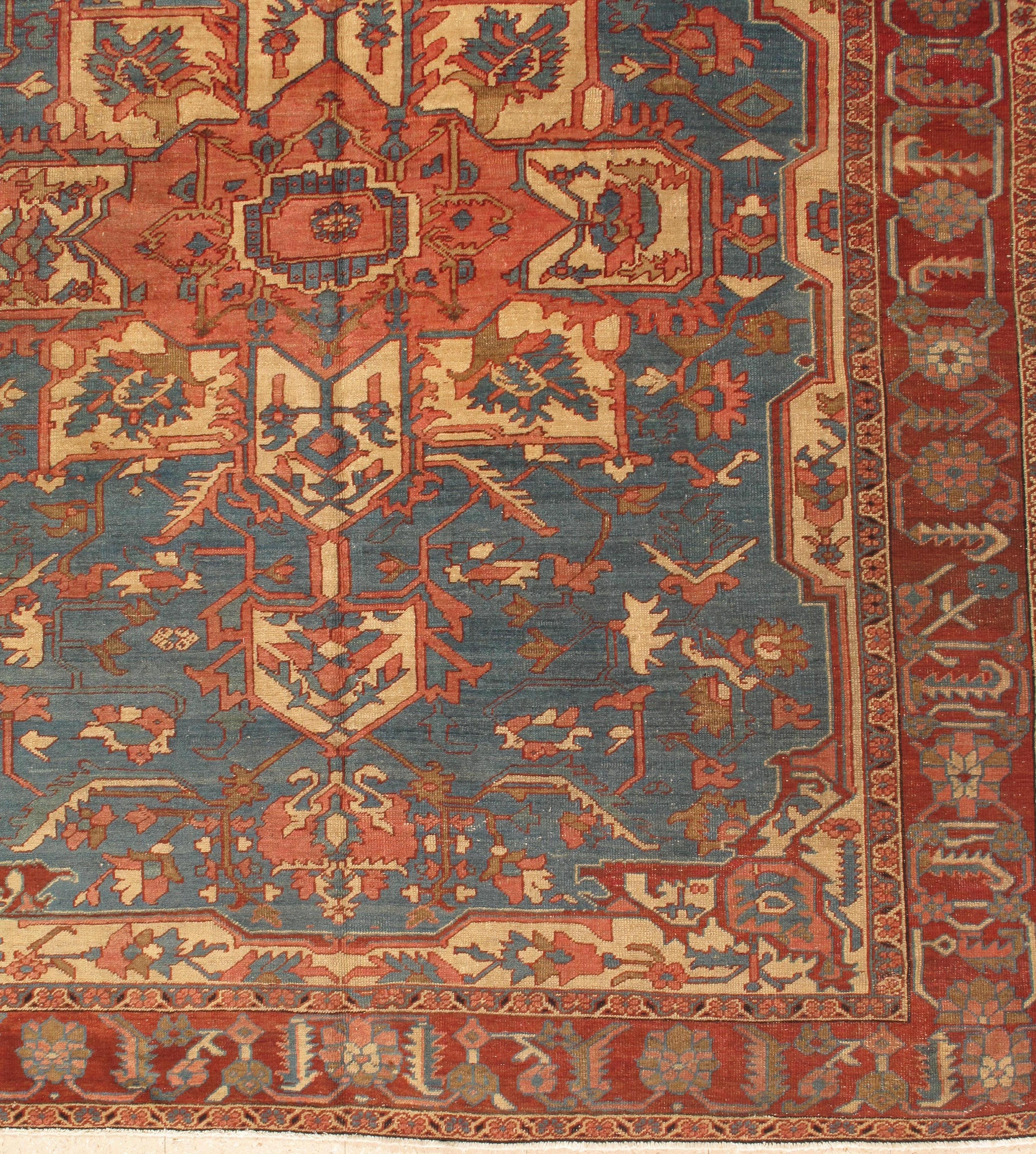 Extremely Rare size, which leads us to believe this carpet originally was a custom order for a Nobel Family.

Antique Serapi carpets are one of the most sought after rugs particularly in America and England for many years. Antique Serapi rugs are a