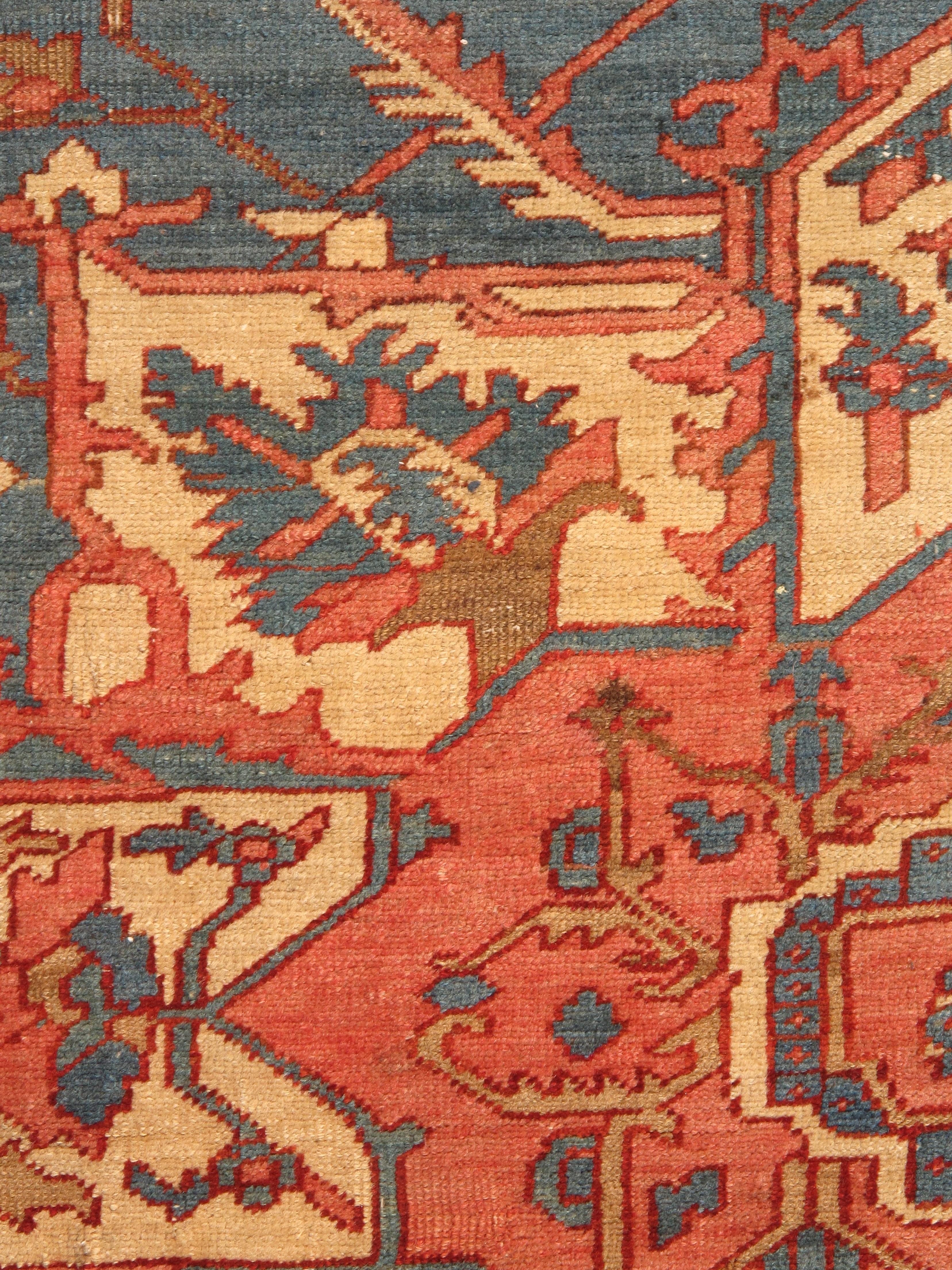 19th Century Antique Persian Serapi Carpet, Handmade Rug Light Blue, Ivory, Rusty Red For Sale