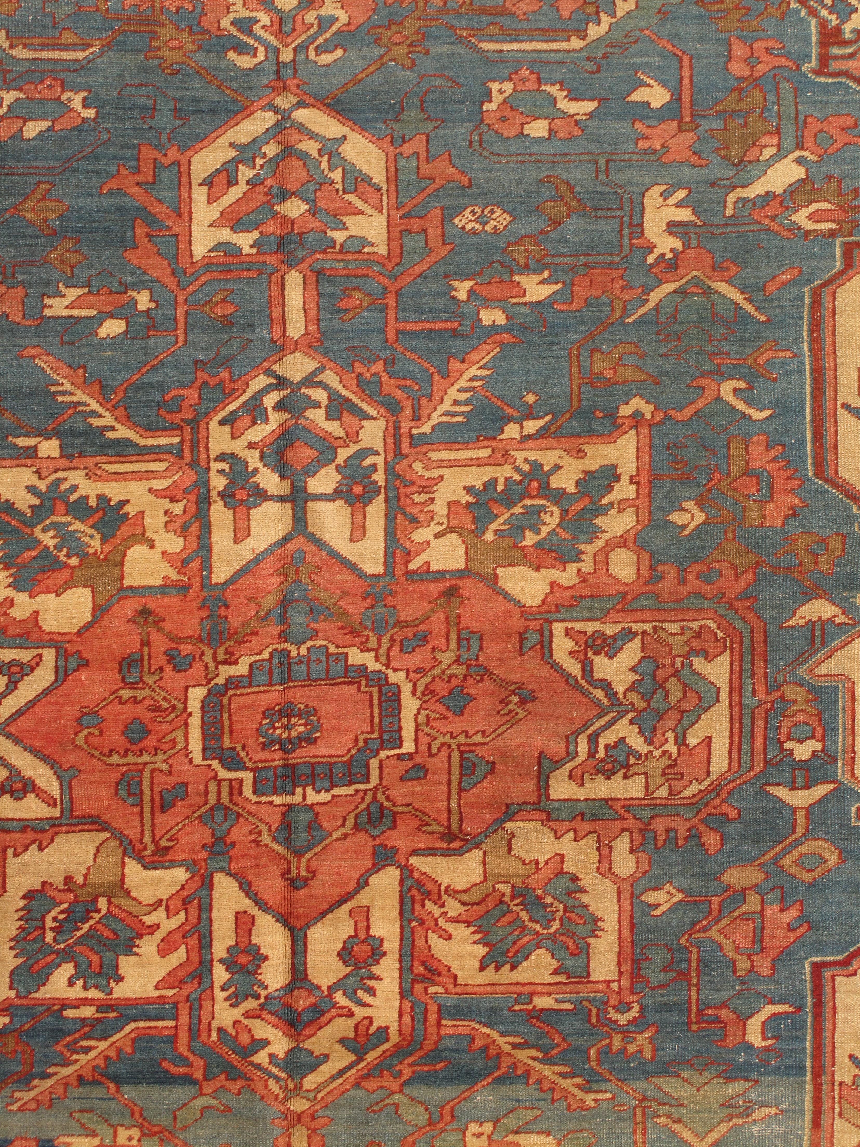 Wool Antique Persian Serapi Carpet, Handmade Rug Light Blue, Ivory, Rusty Red For Sale