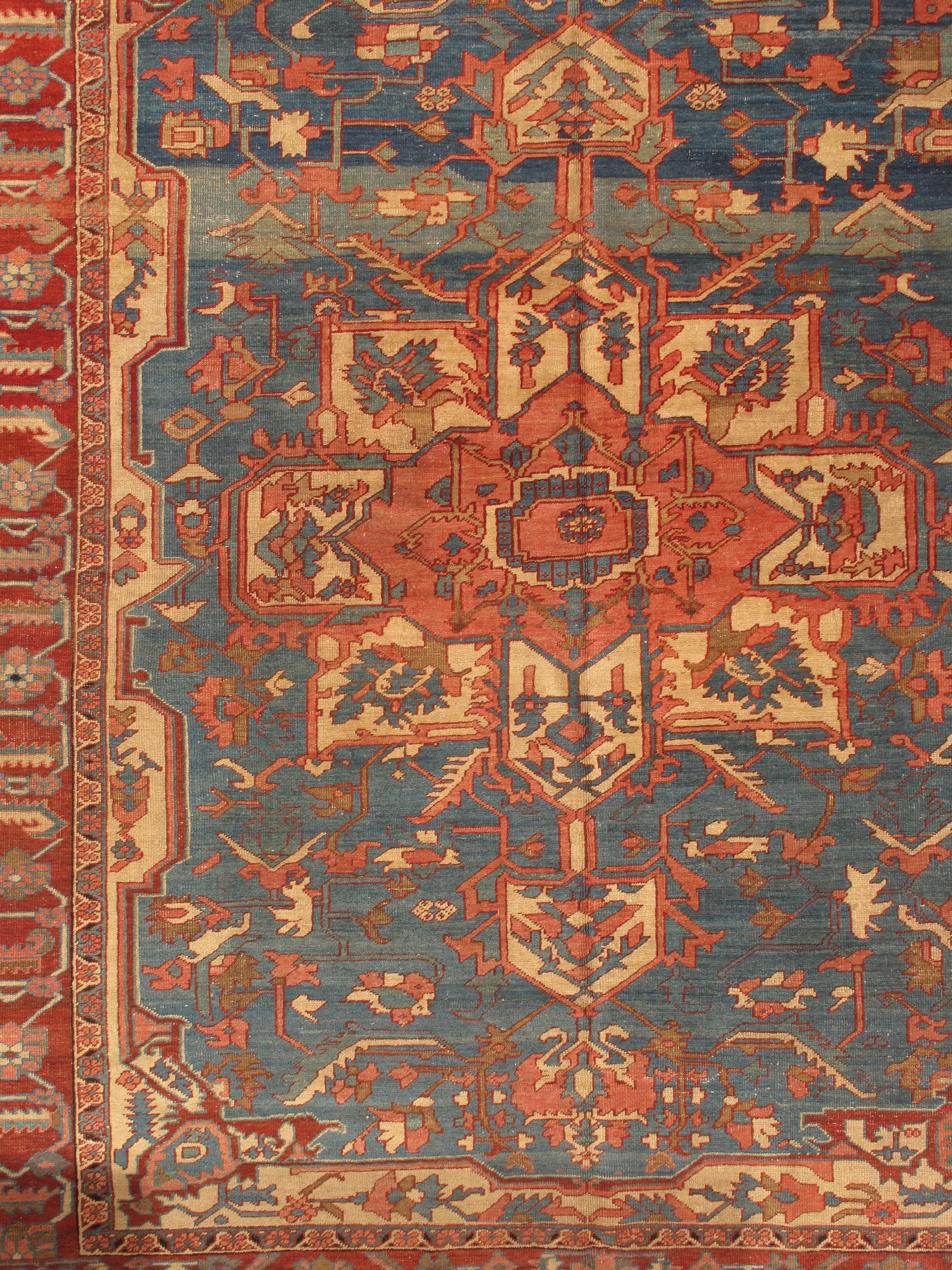 Antique Persian Serapi Carpet, Handmade Rug Light Blue, Ivory, Rusty Red For Sale 1