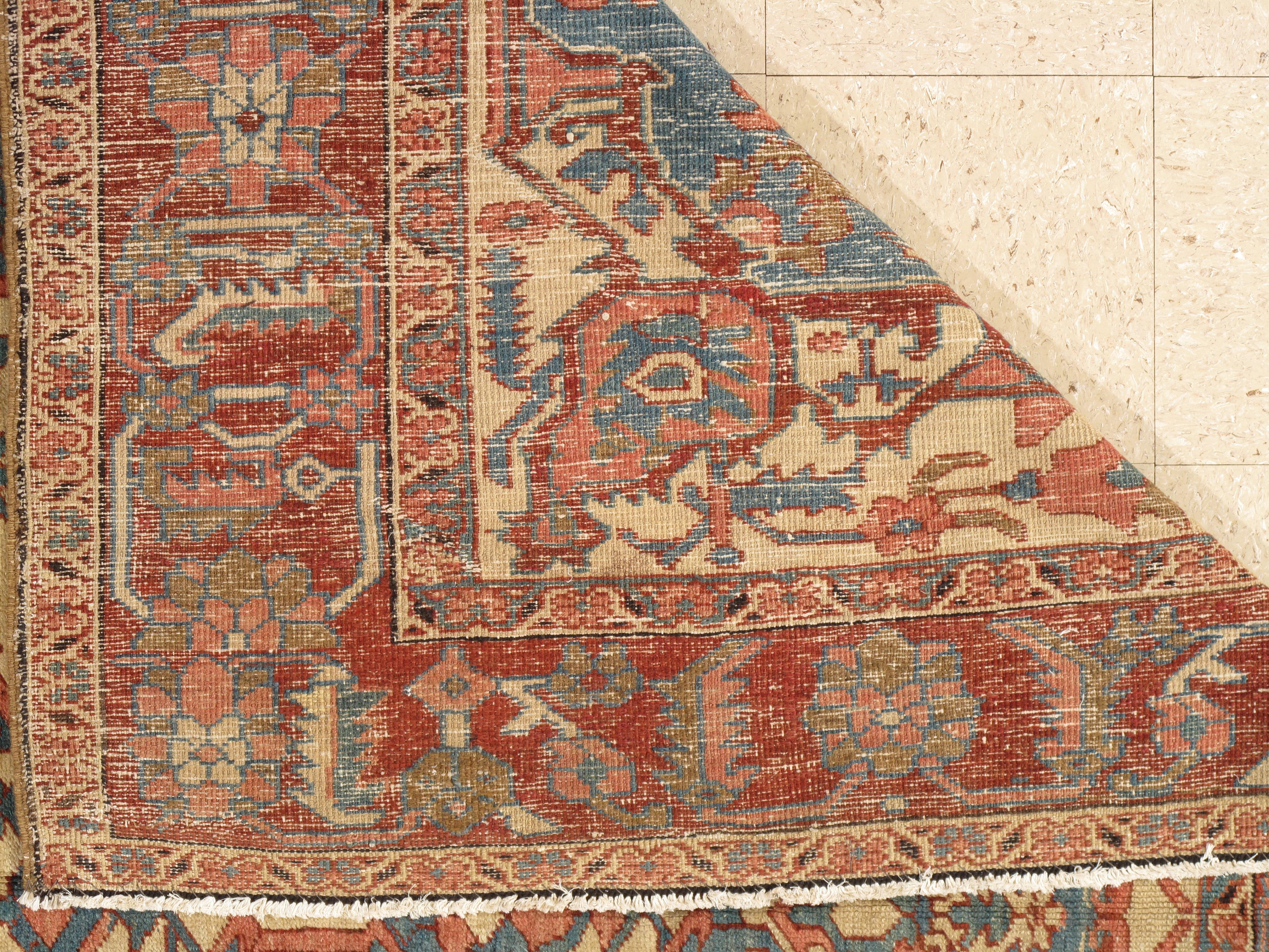 Antique Persian Serapi Carpet, Handmade Rug Light Blue, Ivory, Rusty Red For Sale 2