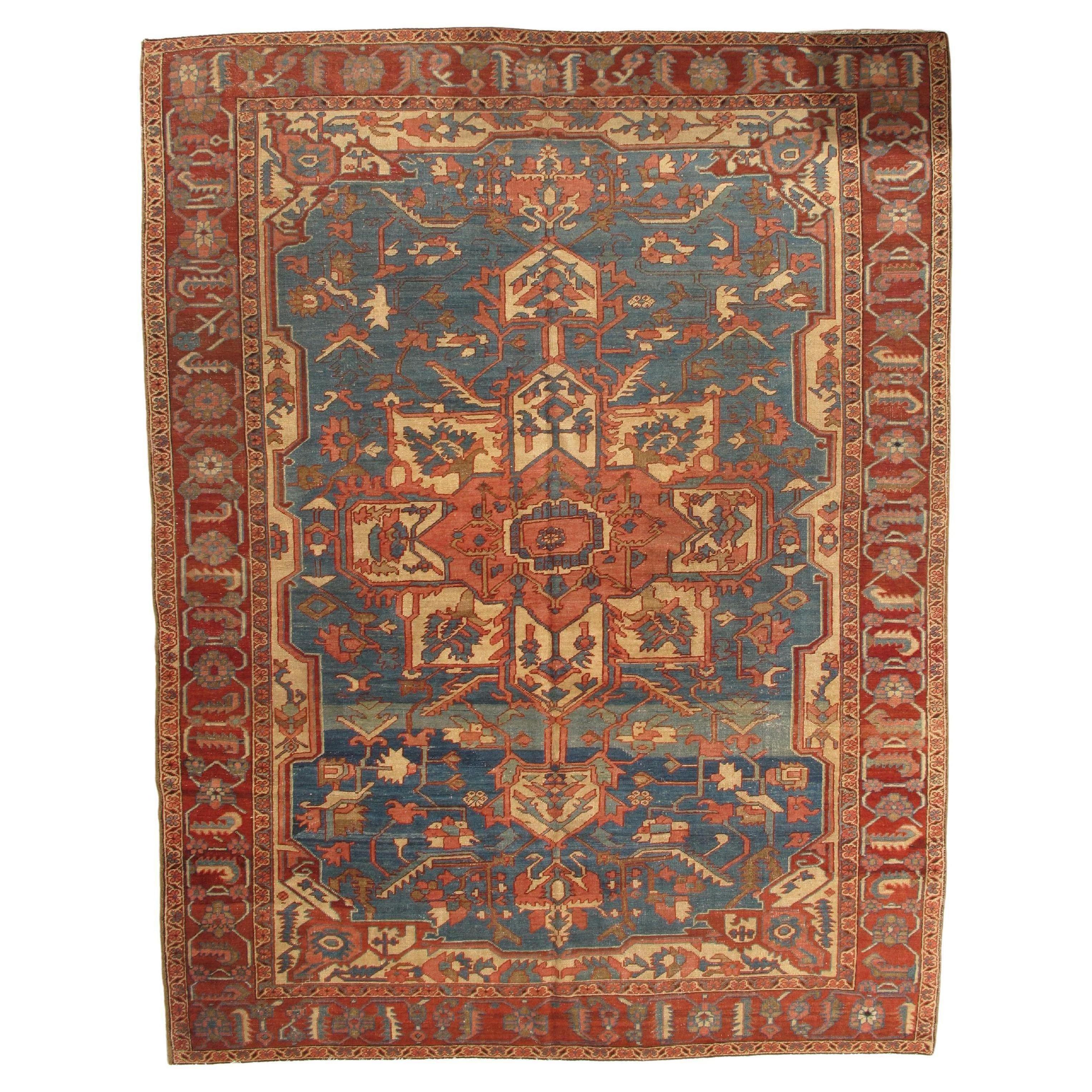 Antique Persian Serapi Carpet, Handmade Rug Light Blue, Ivory, Rusty Red For Sale