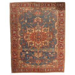 Antique Persian Serapi Carpet, Handmade Rug Light Blue, Ivory, Rusty Red