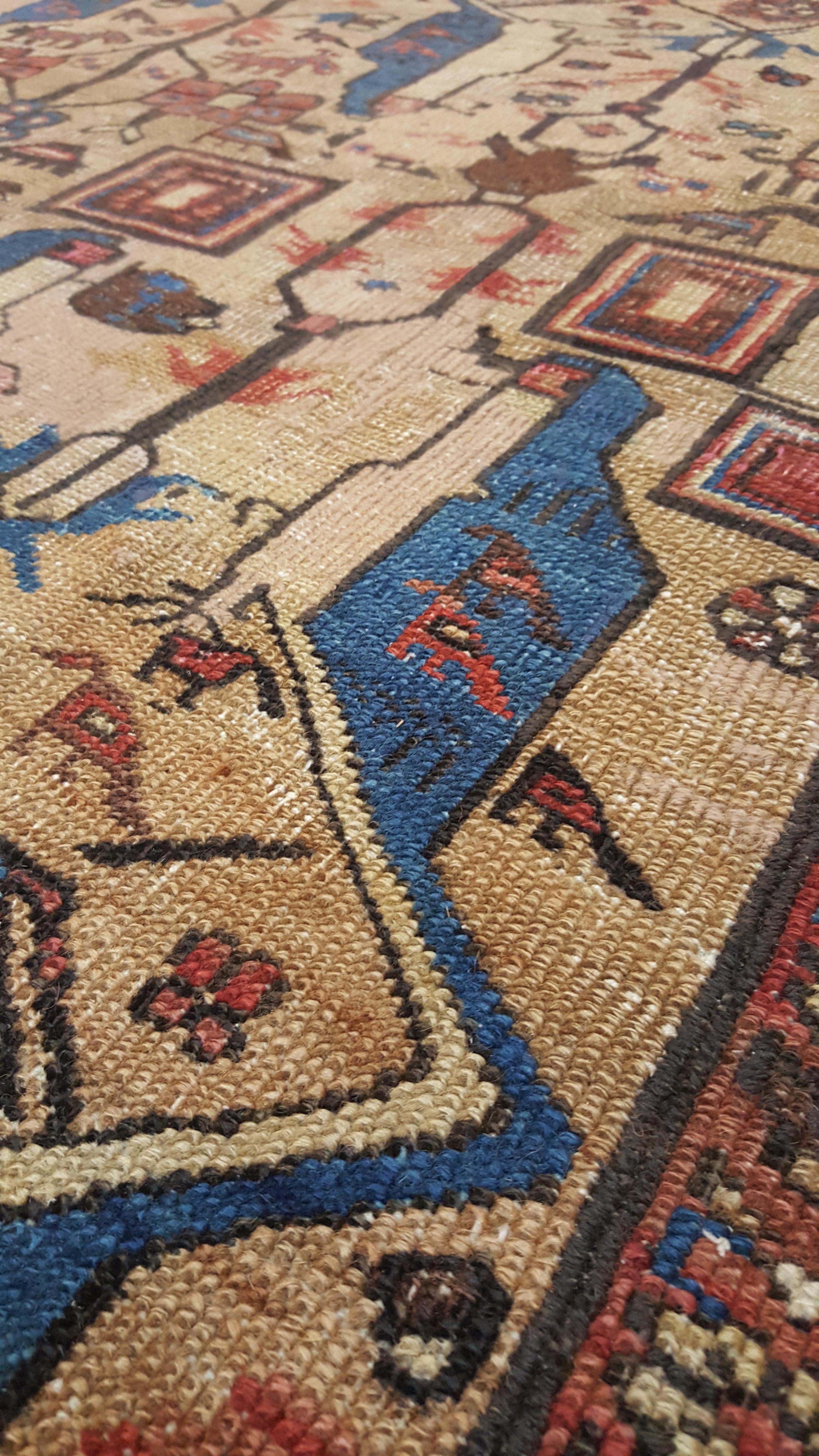 19th Century Antique Persian Serapi Carpet, Handmade Wool Oriental Rug, Gold-Ivory Light Blue