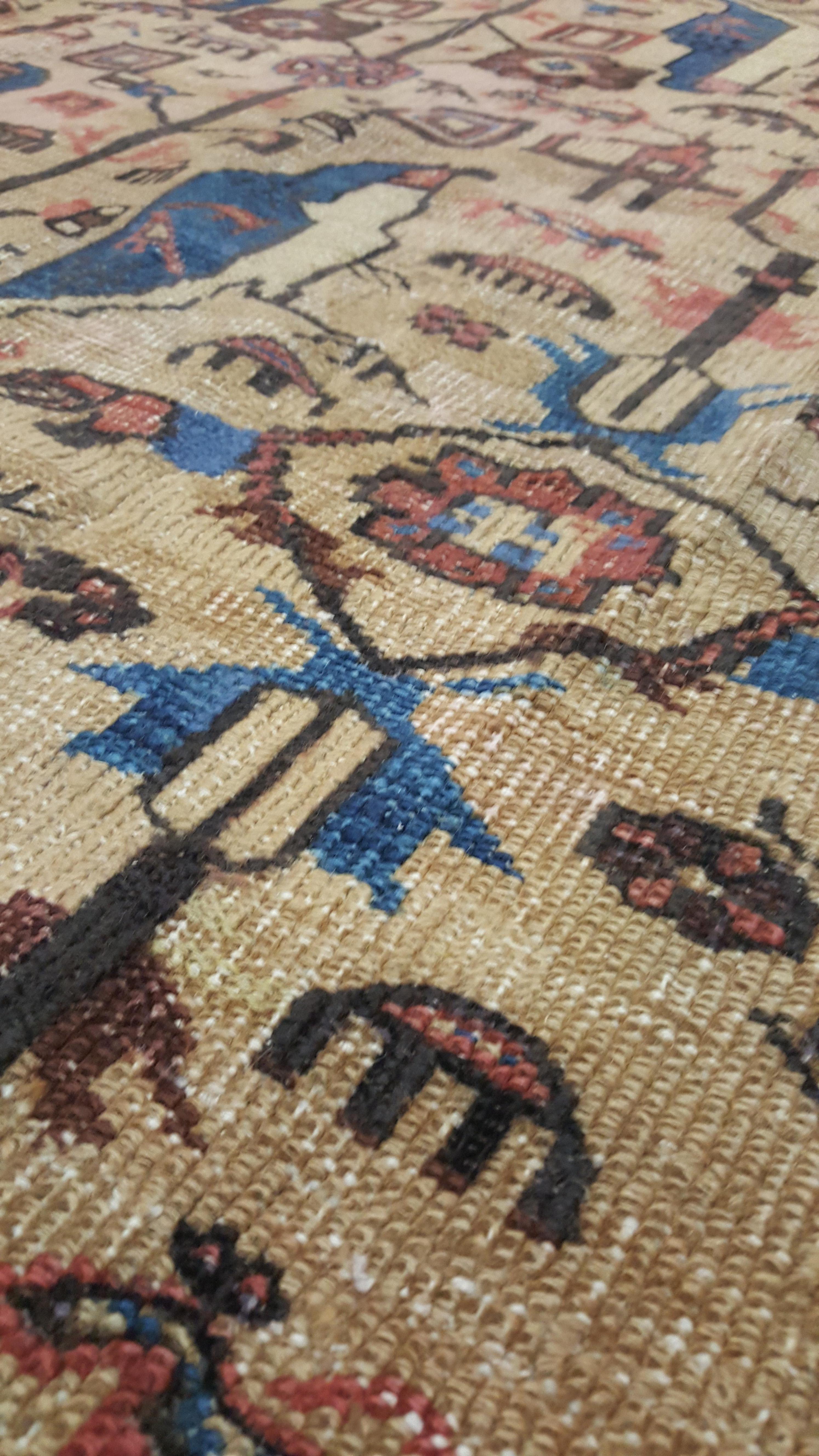 Antique Persian Serapi Carpet, Handmade Wool Oriental Rug, Gold-Ivory Light Blue 1
