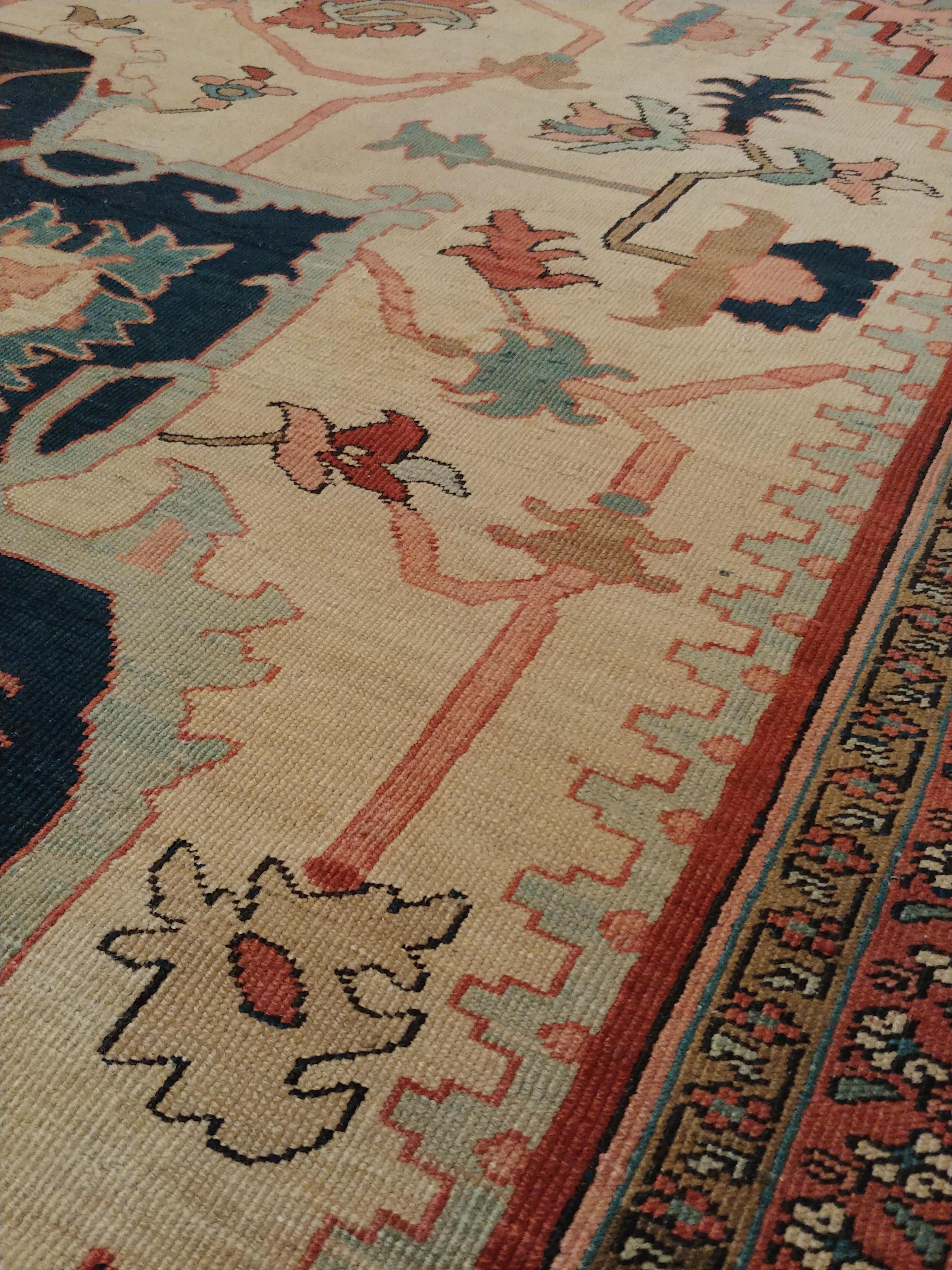 Antique Persian Serapi Carpet, Handmade Wool Oriental Rug, Ivory and Light Blue For Sale 9