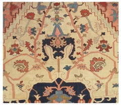 Tapis persan antique Serapi, tapis oriental en laine fait à la main, ivoire et bleu clair