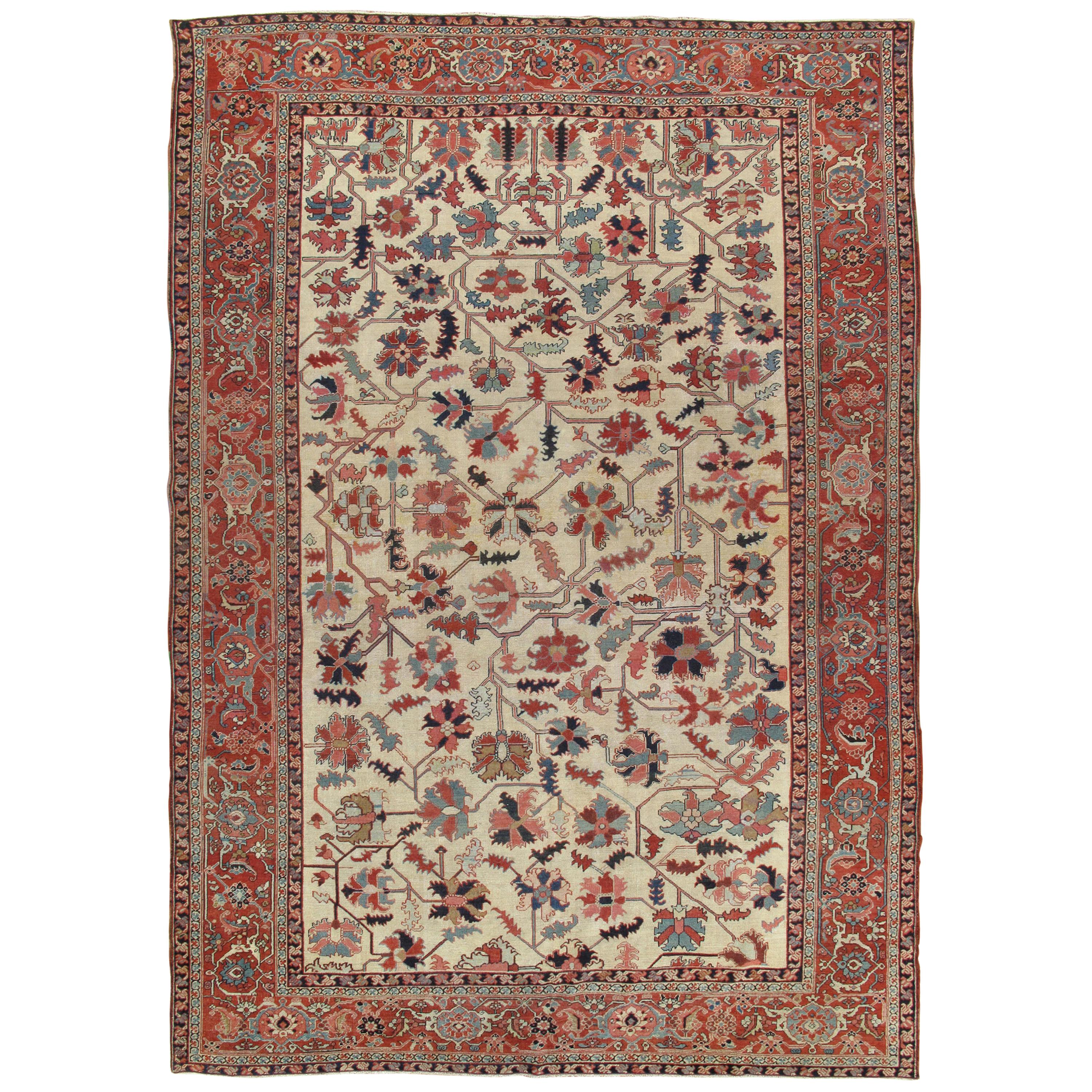 Antiker persischer Serapi-Teppich, handgefertigter orientalischer Teppich aus Wolle, elfenbeinfarben und hellblau