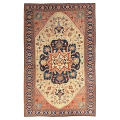 Antique Persian Serapi Carpet, Handmade Wool Oriental Rug, Ivory and Light Blue