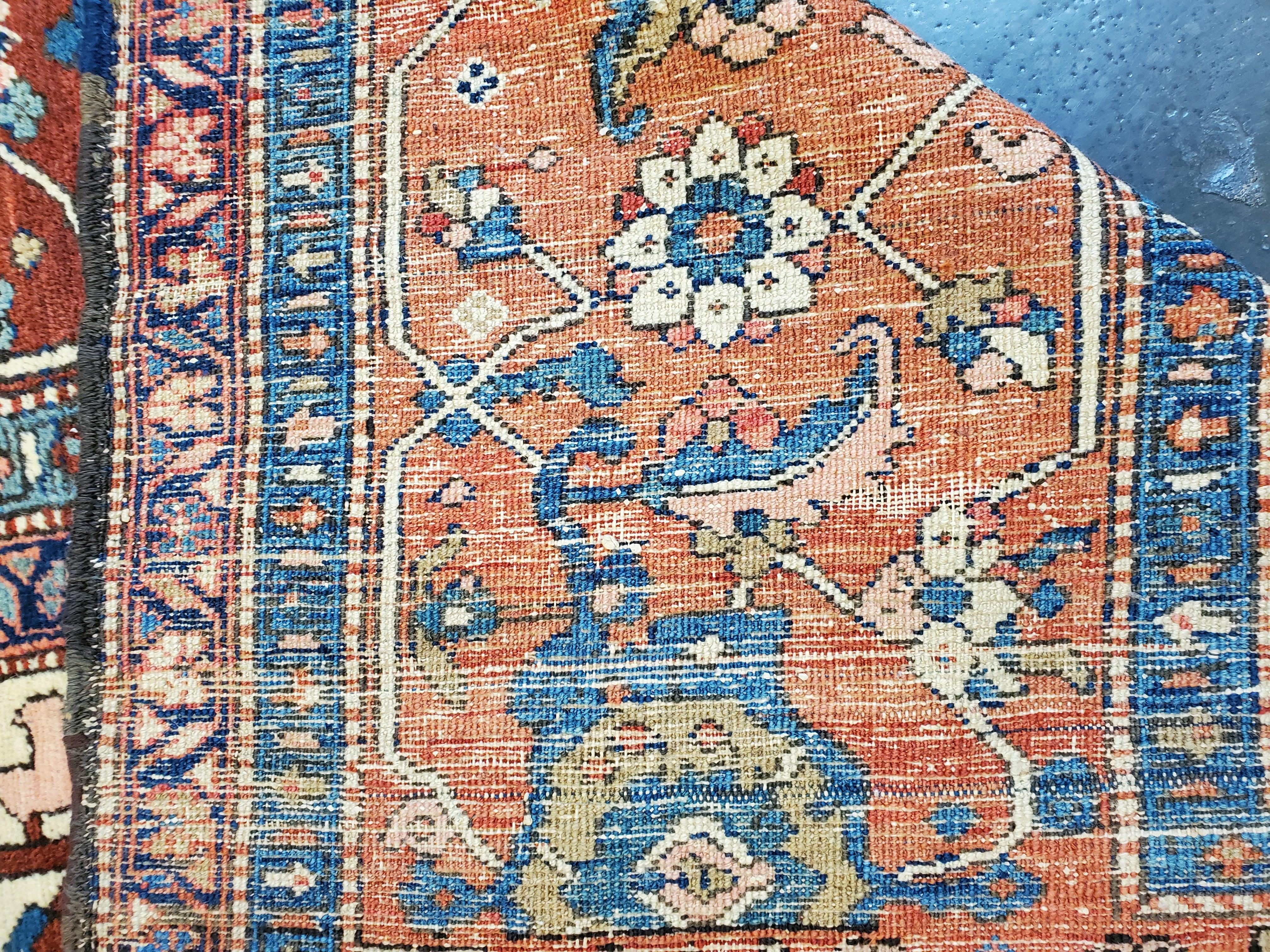 19th Century Antique Persian Serapi Carpet, Handmade Wool Oriental Rug Ivory, Rust For Sale