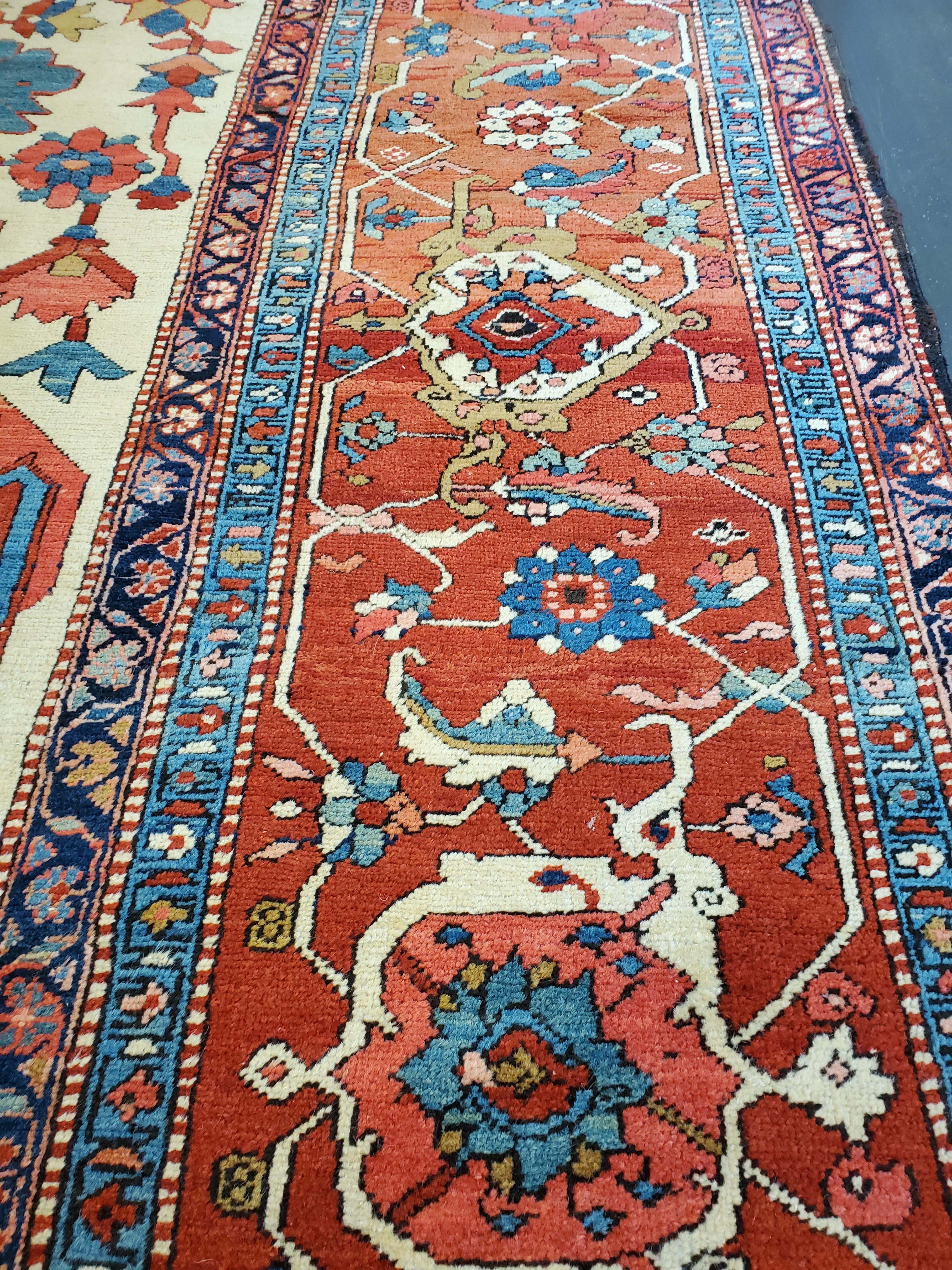 Antique Persian Serapi Carpet, Handmade Wool Oriental Rug Ivory, Rust For Sale 4