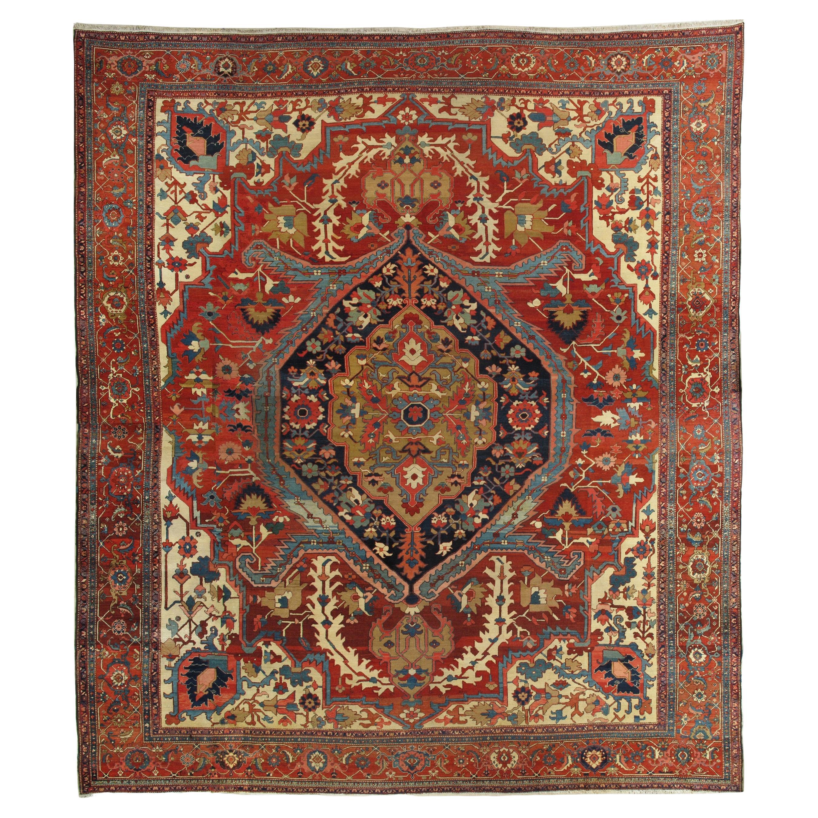 Antique Persian Serapi Carpet, Handmade Wool Oriental Rug Ivory, Rust For Sale