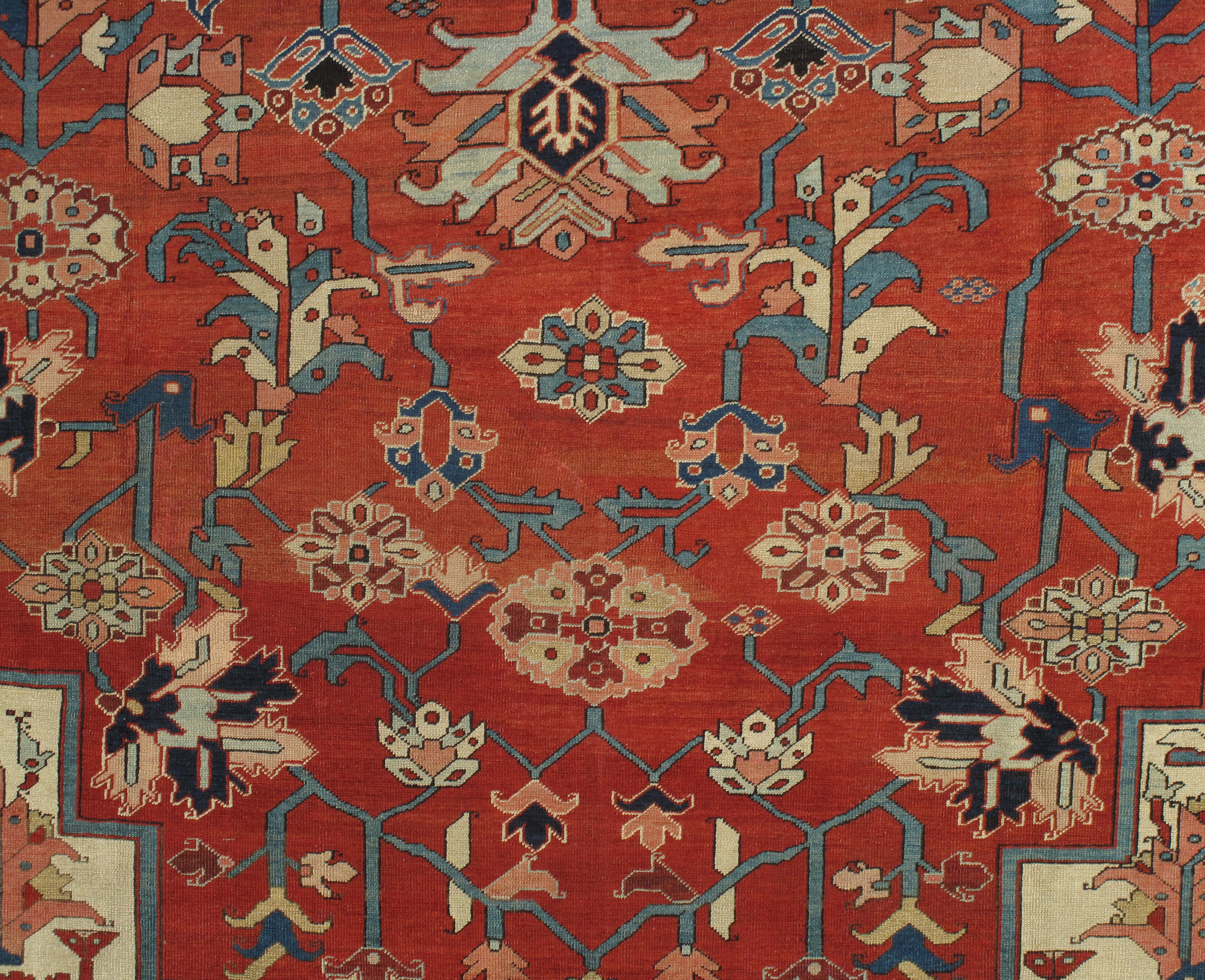 Antique Persian Serapi Carpet, Handmade Wool Oriental Rug Ivory, Rust Light Blue For Sale 8