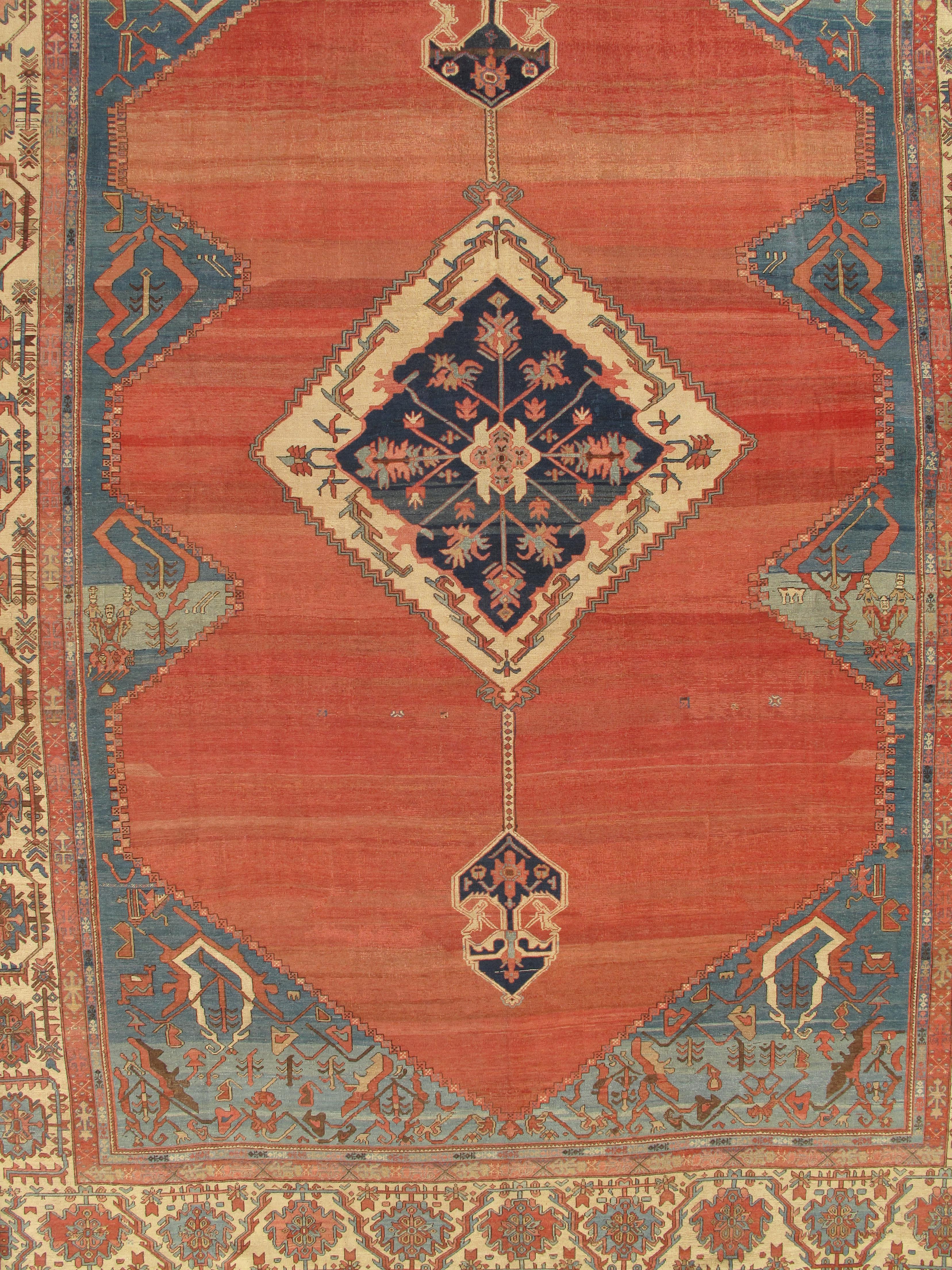 Tapis persan Serapi ancien, tapis oriental en laine fait à la main, ivoire rouille clair bleu clair en vente 6