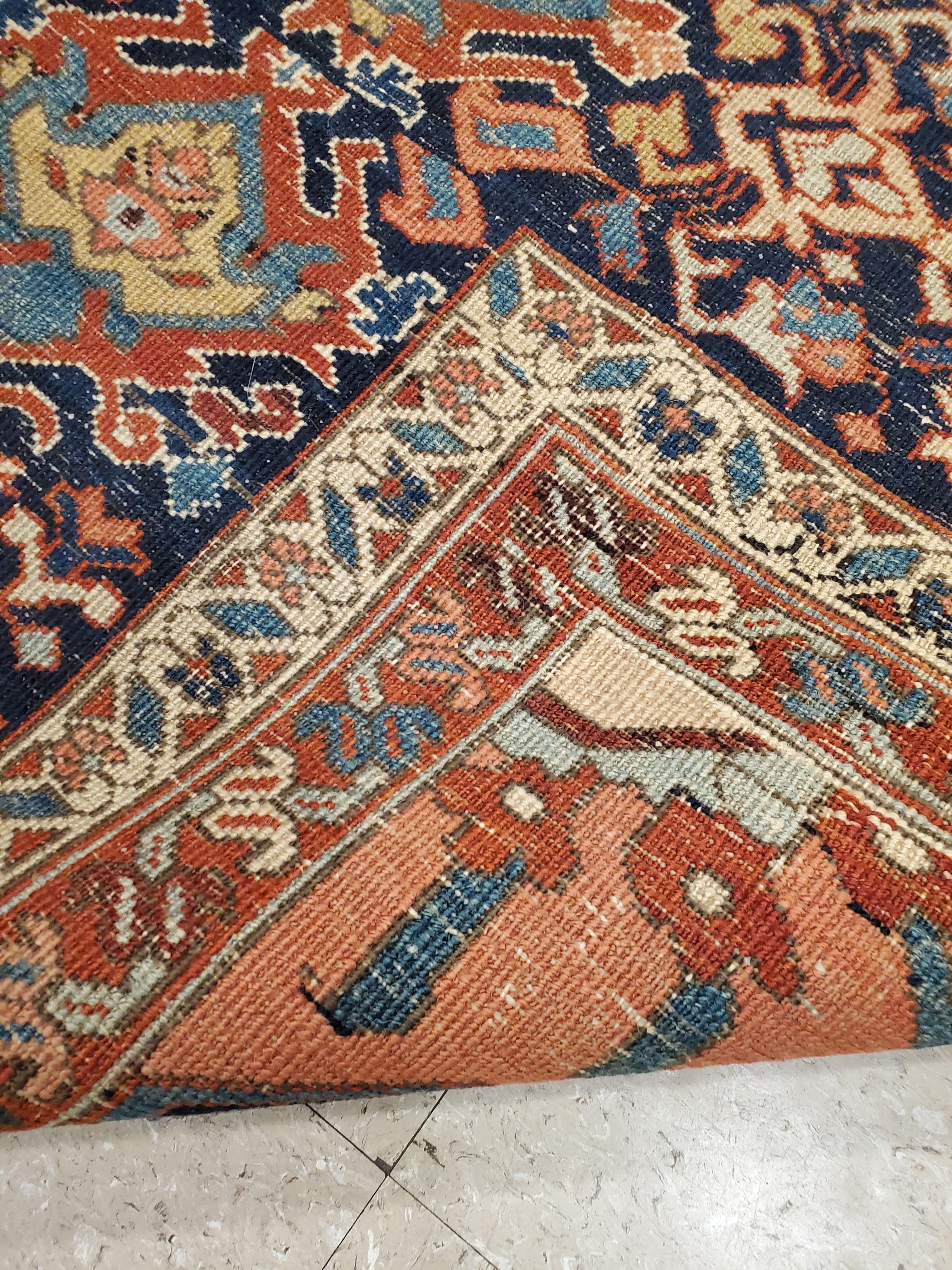 Hand-Knotted Antique Persian Serapi Carpet, Handmade Wool Oriental Rug Ivory, Rust Light Blue For Sale
